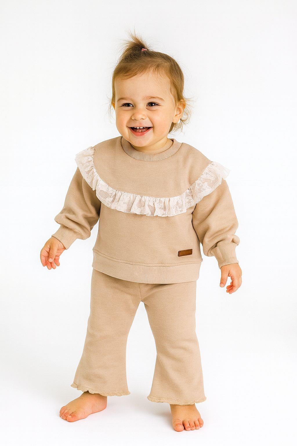 Light Brown 2-Piece Set with Cream Lace Details