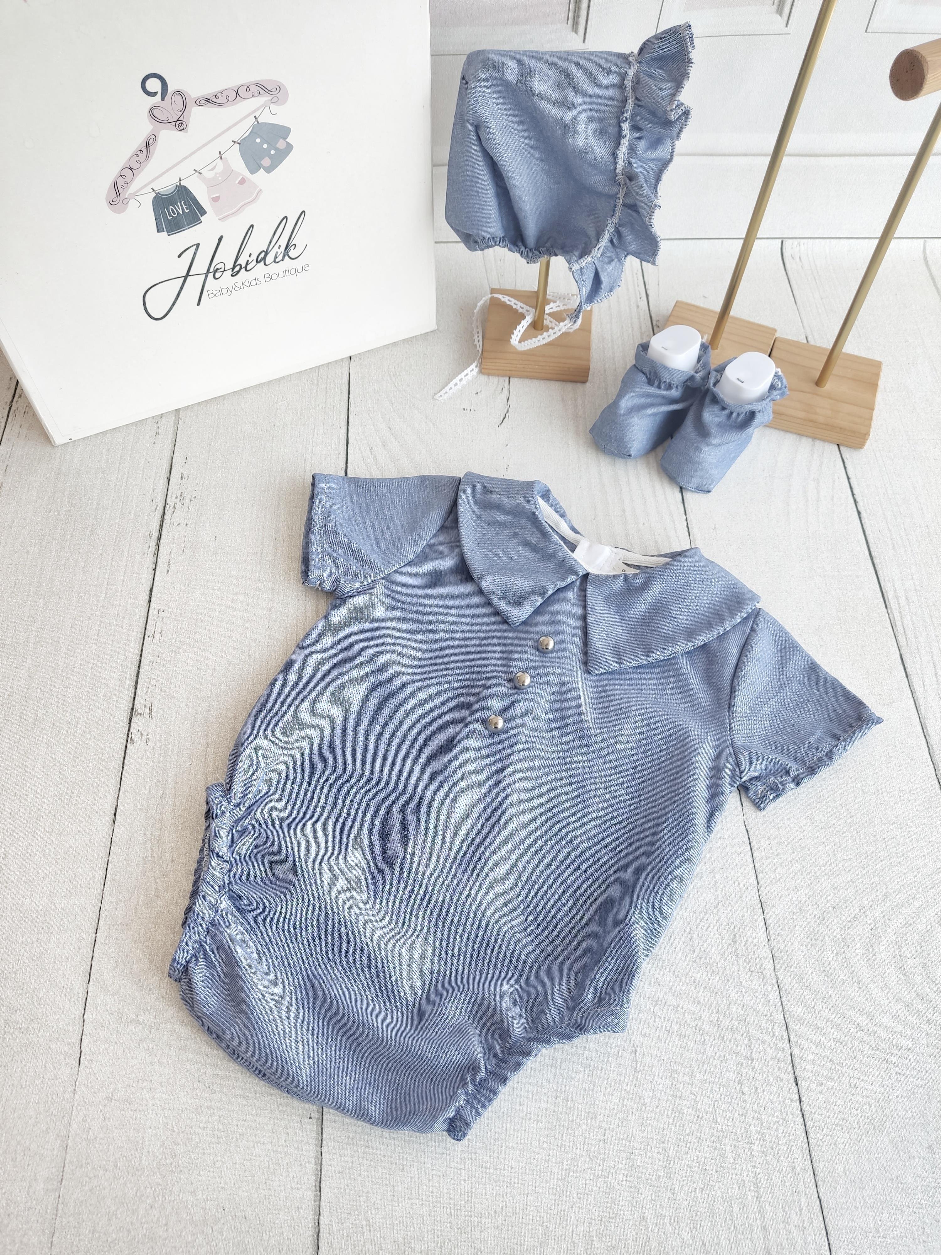 Kot Görünümlü Mavi, Dügmeli Romper Tulum Set