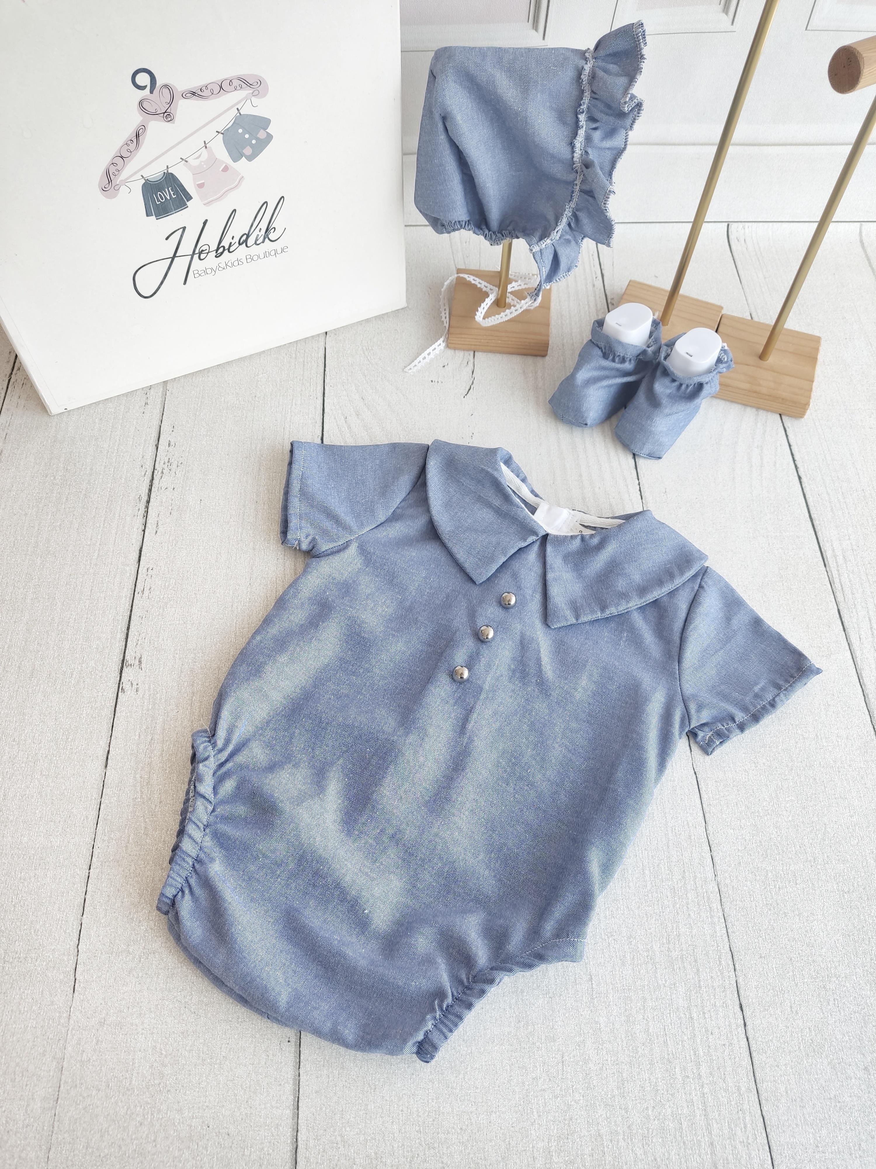 Kot Görünümlü Mavi, Dügmeli Romper Tulum Set