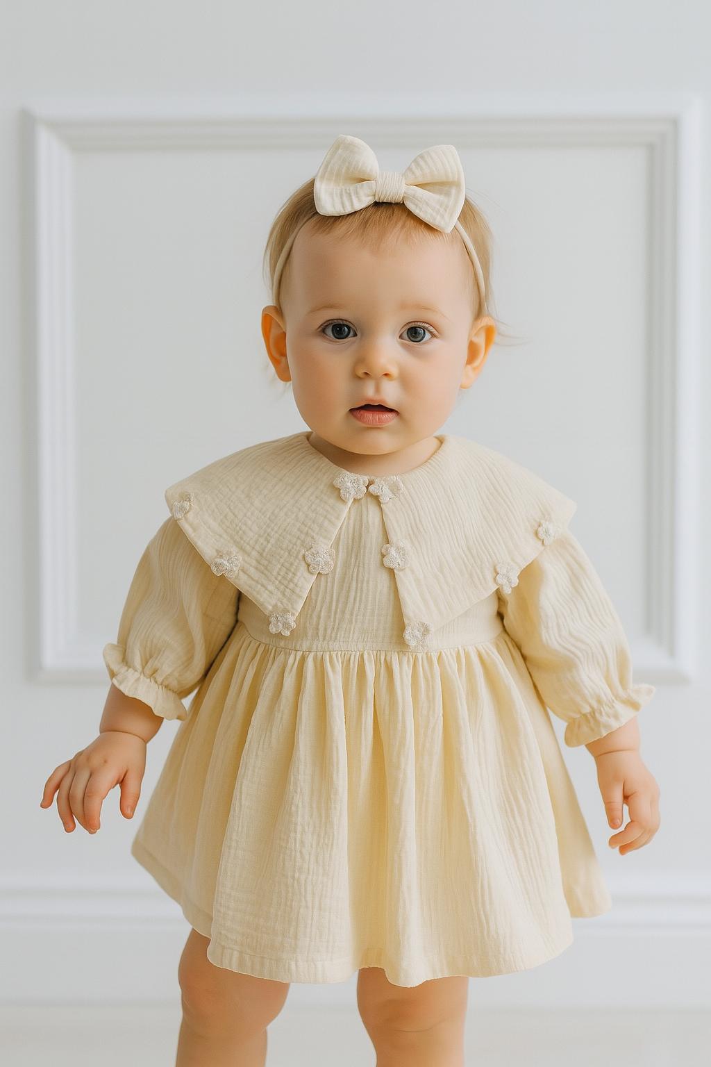 Cream Double Layer Muslin Fabric Dress
