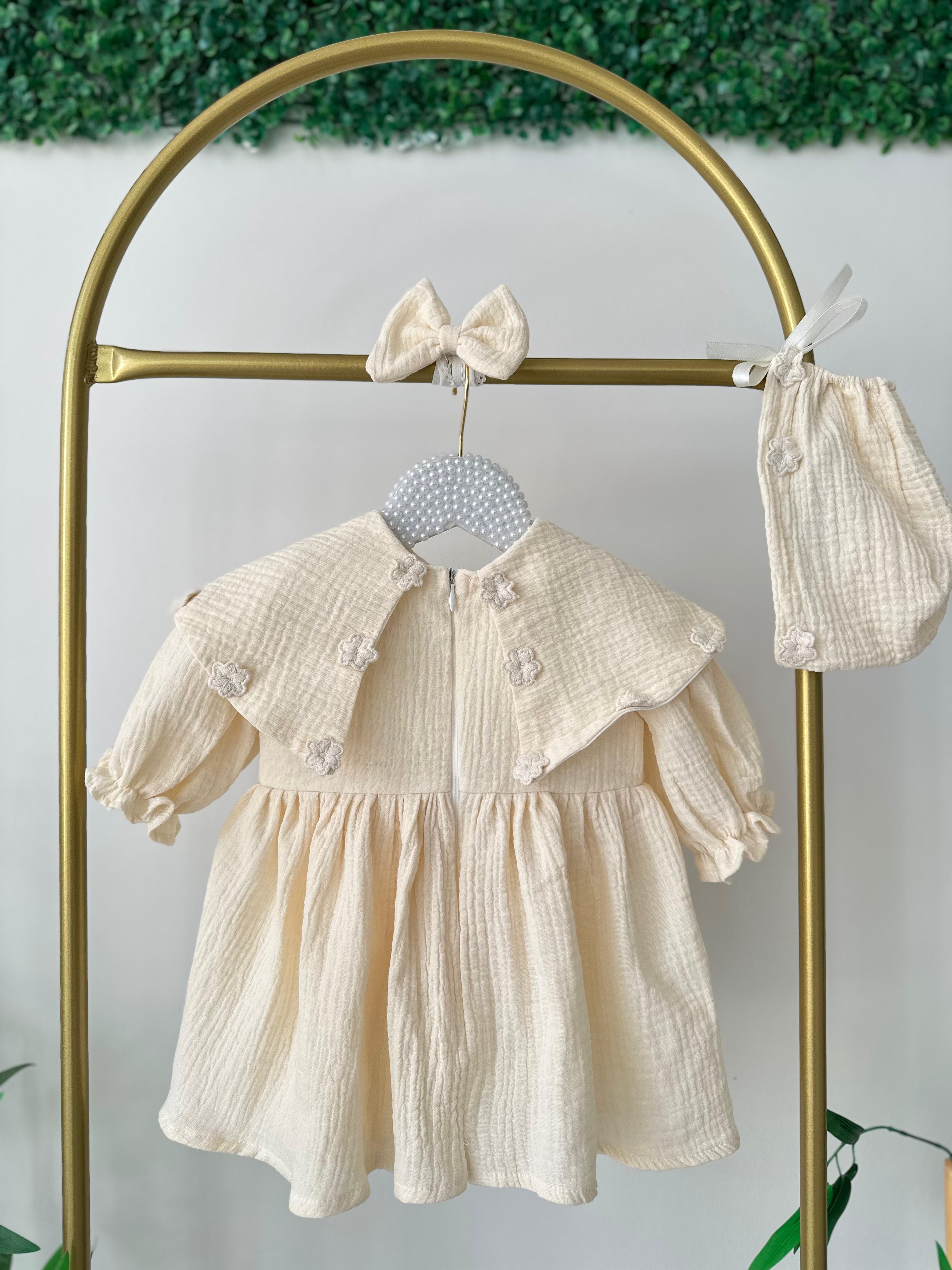 Cream Double Layer Muslin Fabric Dress