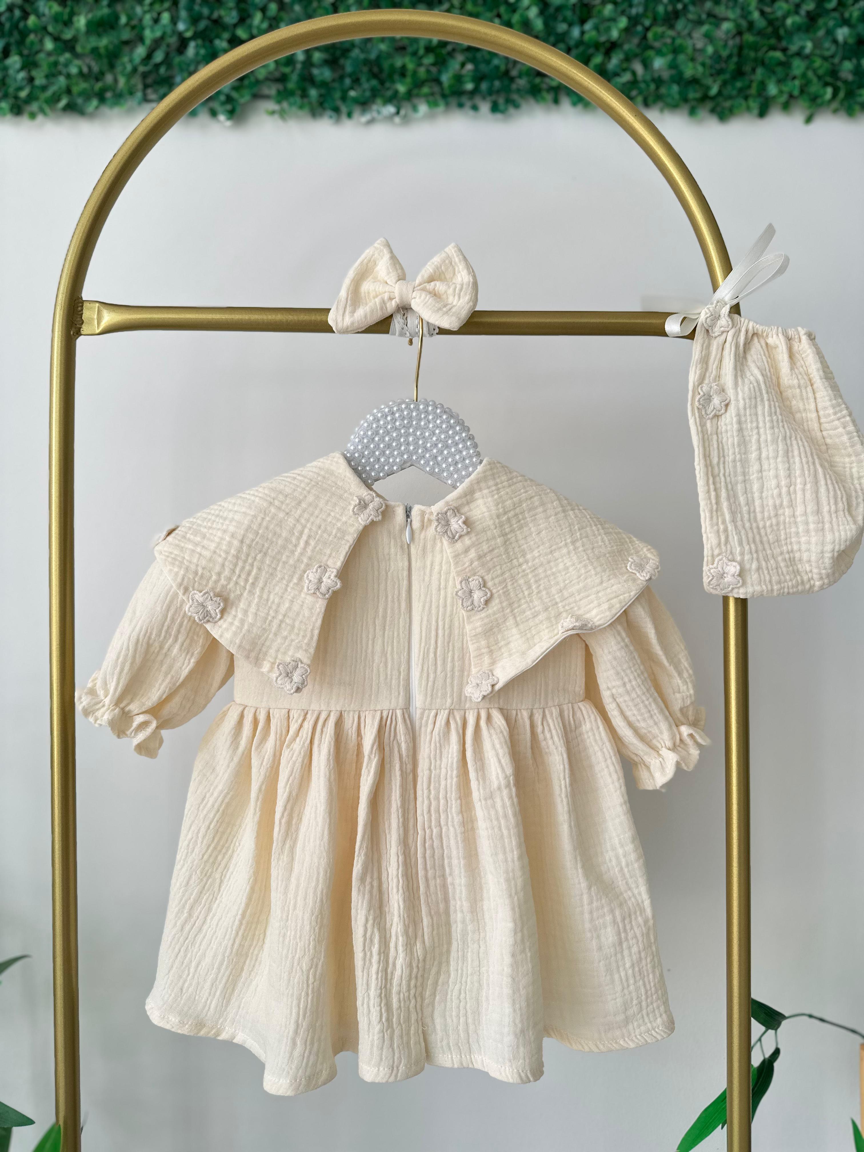 Cream Double Layer Muslin Fabric Dress