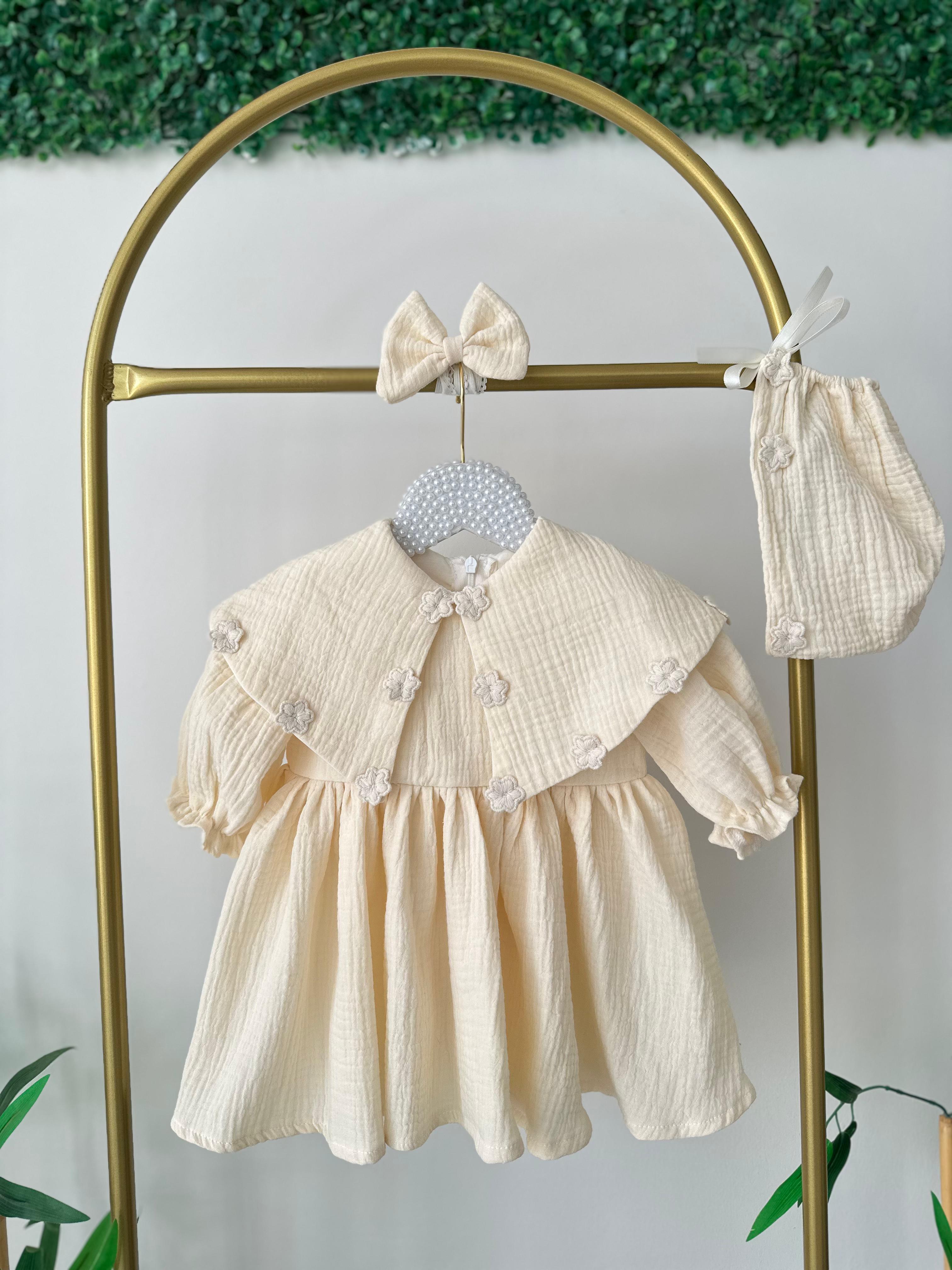 Cream Double Layer Muslin Fabric Dress