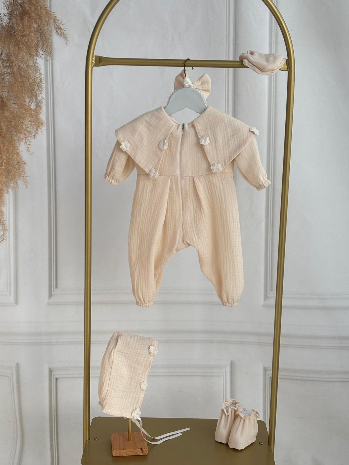 Krem Çift Kat Müslin Kumaş Tulum Set 