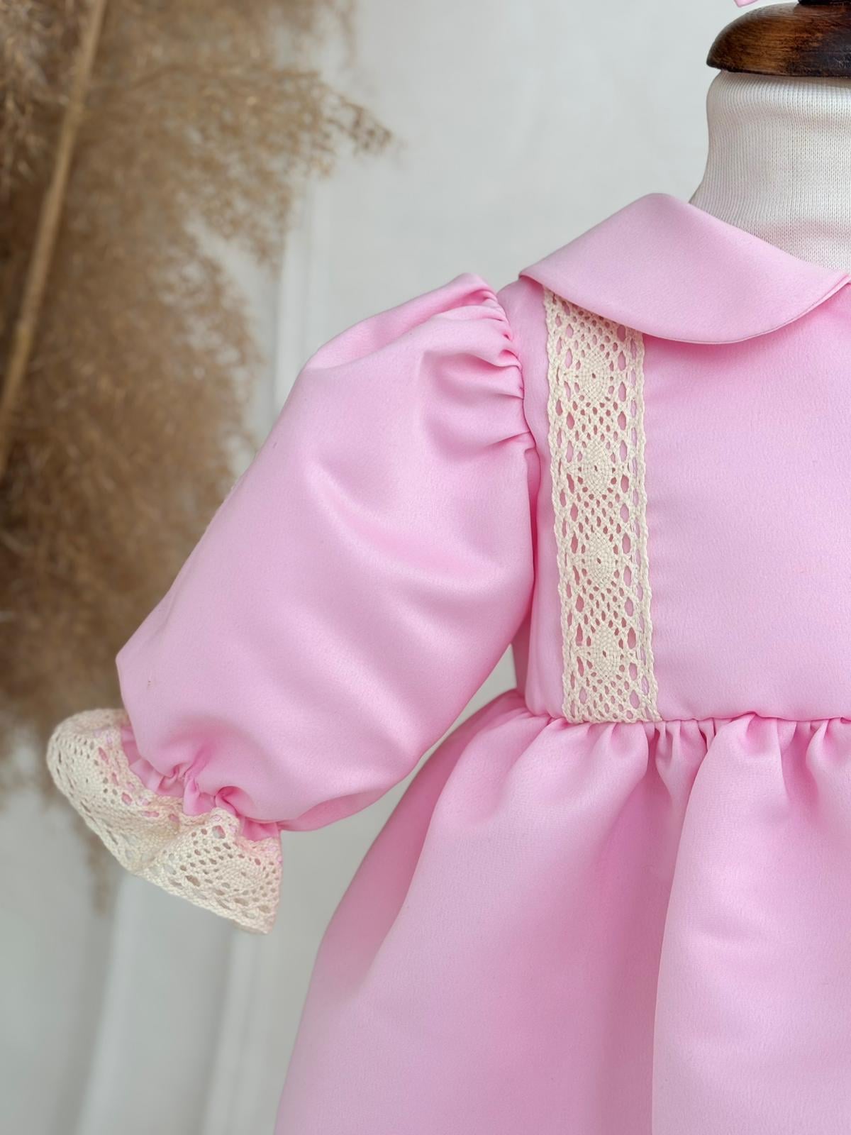 Krem Dantelli Pembe Elbise Set