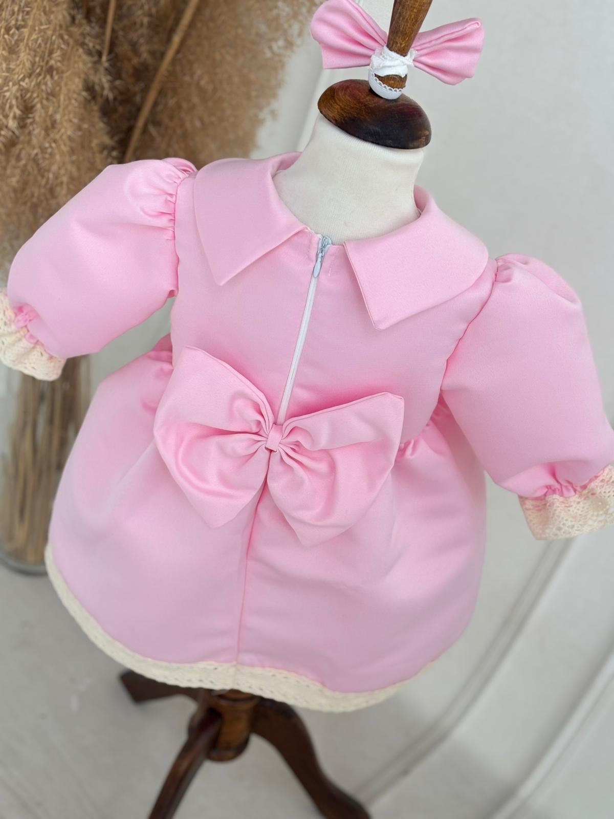 Krem Dantelli Pembe Elbise Set