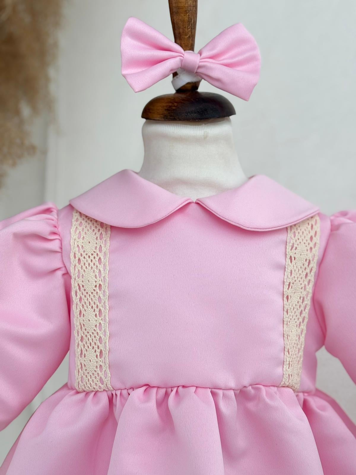 Krem Dantelli Pembe Elbise Set