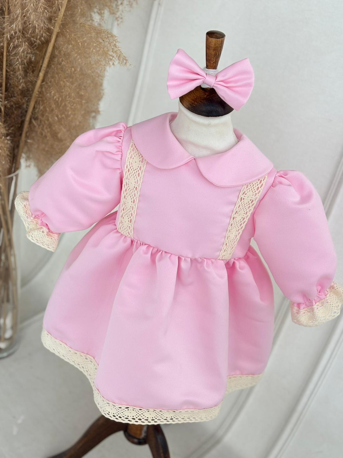 Krem Dantelli Pembe Elbise Set