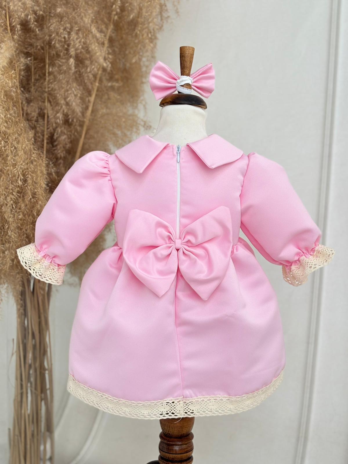 Krem Dantelli Pembe Elbise Set