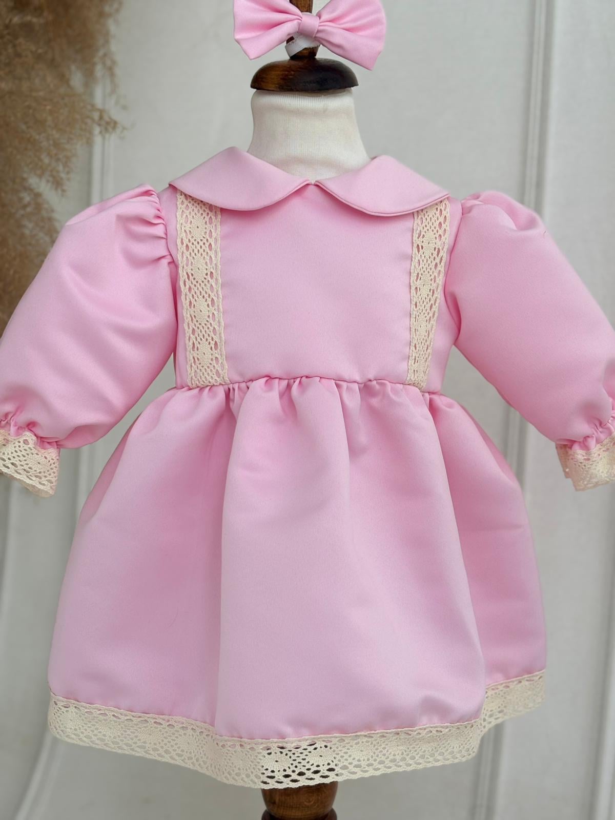 Krem Dantelli Pembe Elbise Set
