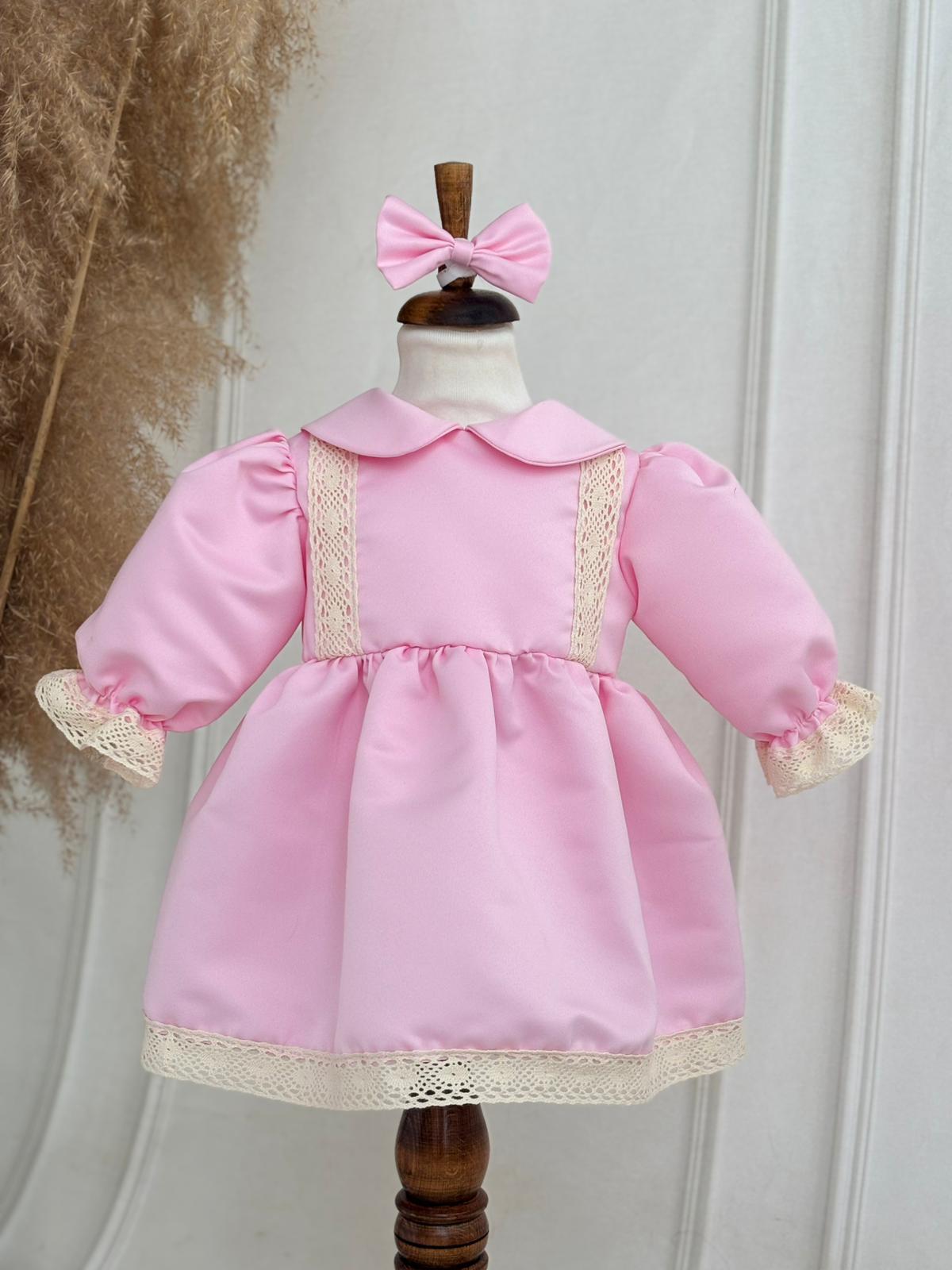 Krem Dantelli Pembe Elbise Set