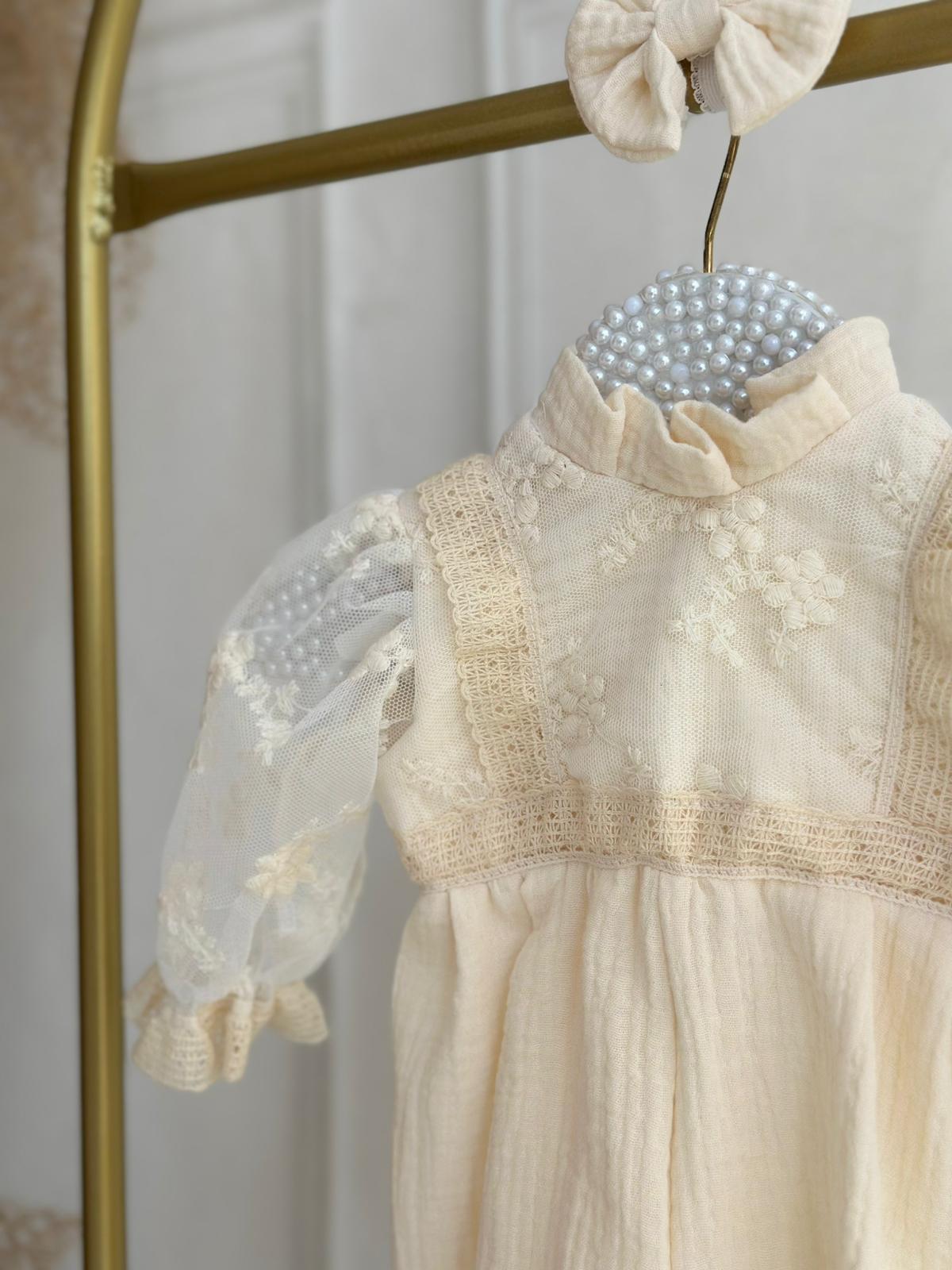Krem Vintage Detaylı Çift Kat Müslin Tulum Set