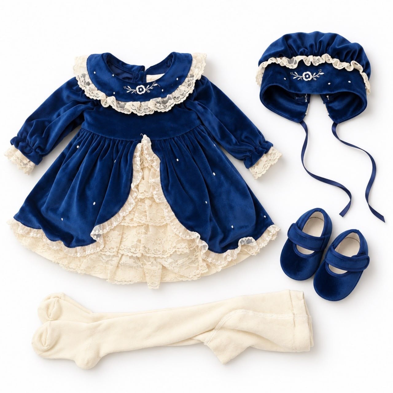 Lacivert Vintage Kadife Kız Bebek Elbise 4'lü Set – Önü Açık Dantelli Nakışlı Kutulu Takım