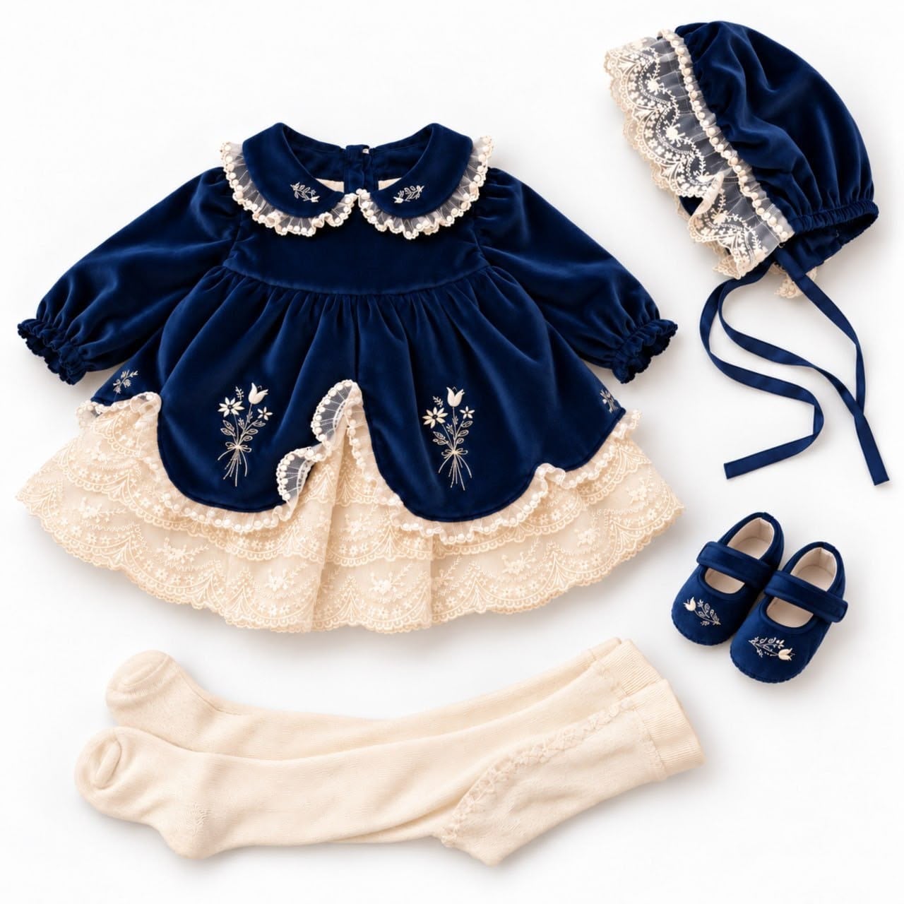 Lacivert Vintage Kadife Kız Bebek Elbise 4'lü Set – Dantel ve Nakış Detaylı Kutulu Özel Tasarım