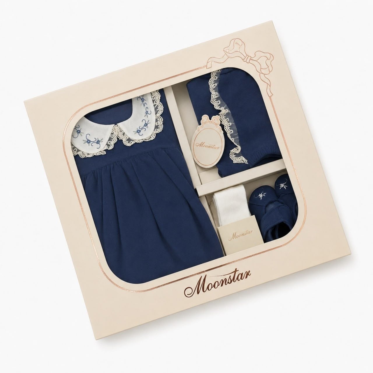 Lacivert Vintage Kadife Kız Bebek Elbise 4'lü Set – Nakışlı Yaka Tül Detaylı Kutulu Takım