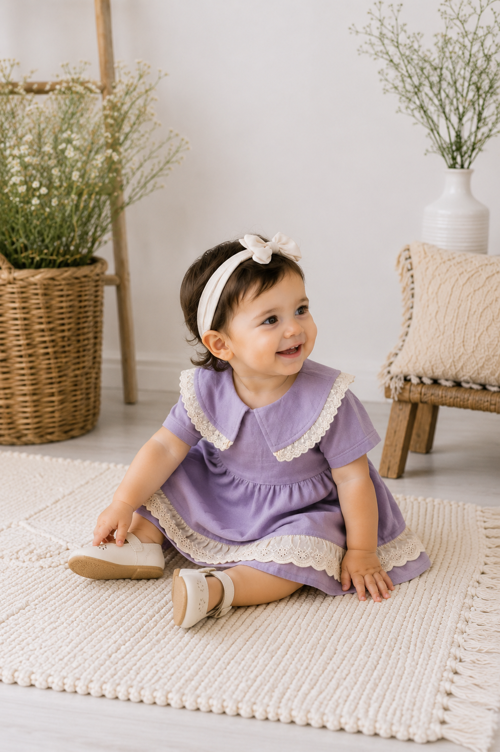 Lila Krem Dantelli  Müslin Bebek Elbisesi – Kız Çocuk Şık Yazlık Elbise