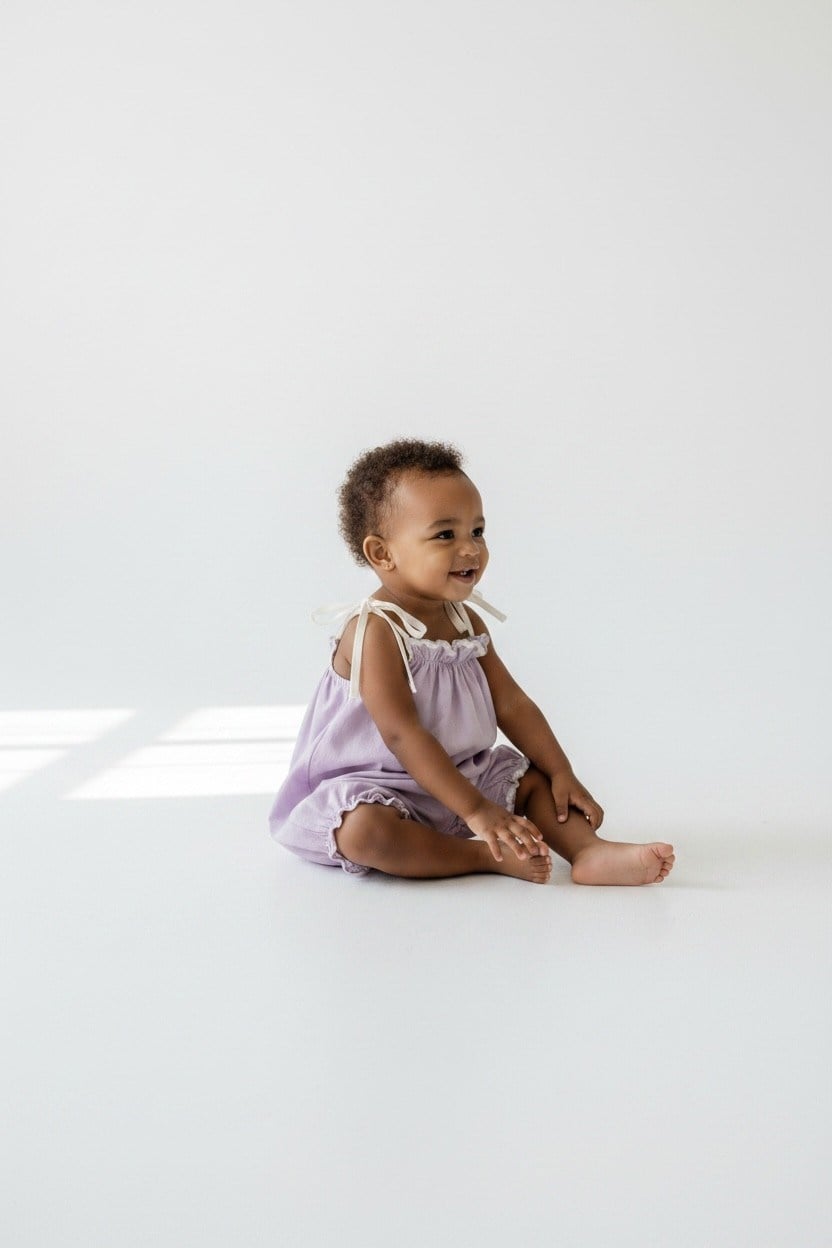 Lila Poplin Kumaş Bebek Tulum – Su Taşı Detaylı Askılı Bağlamalı Şortlu Tulum (0-3 Ay / 1 Yaş