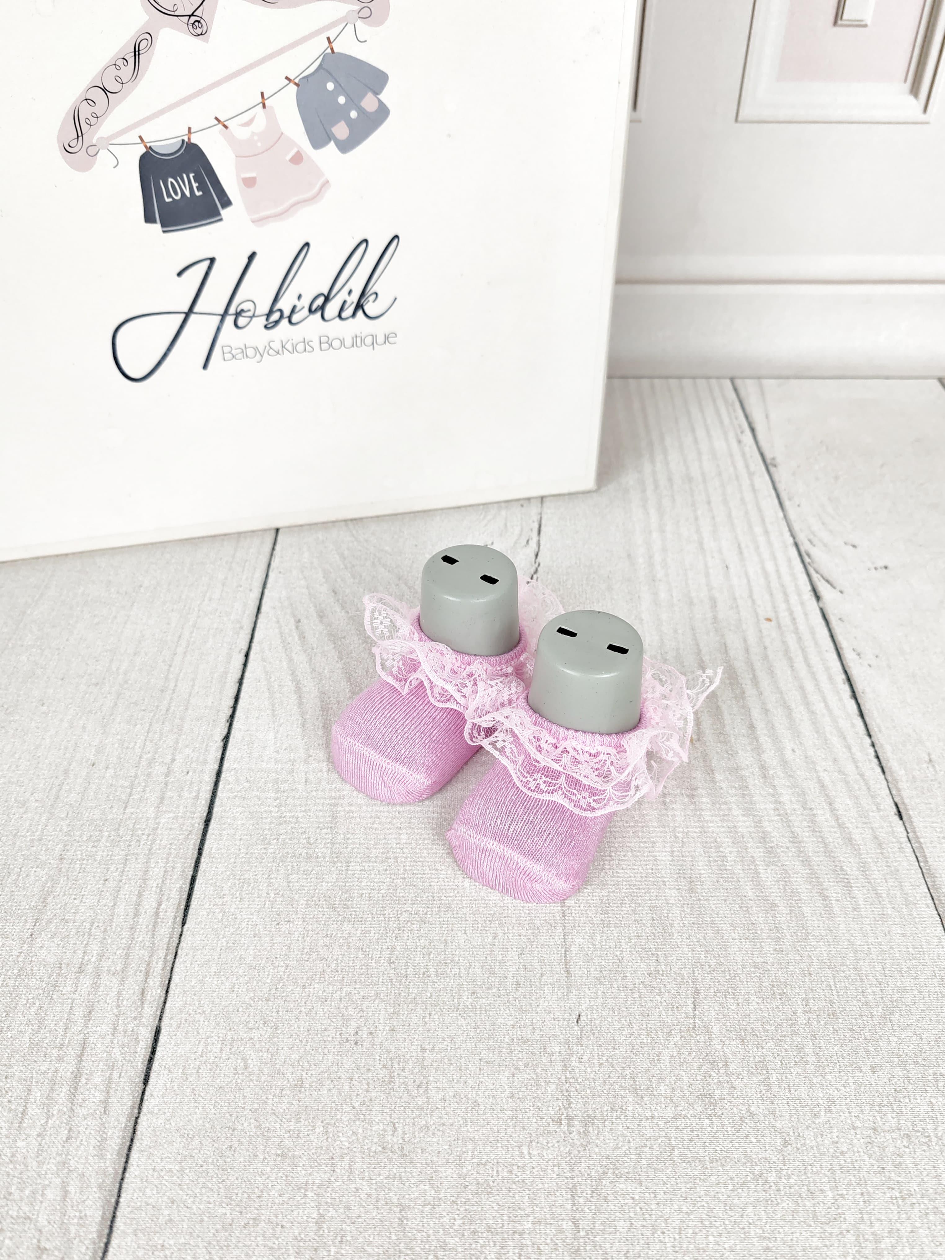 Pembe Çift Kat Dantelli 0-6 Ay Bebek Çorap