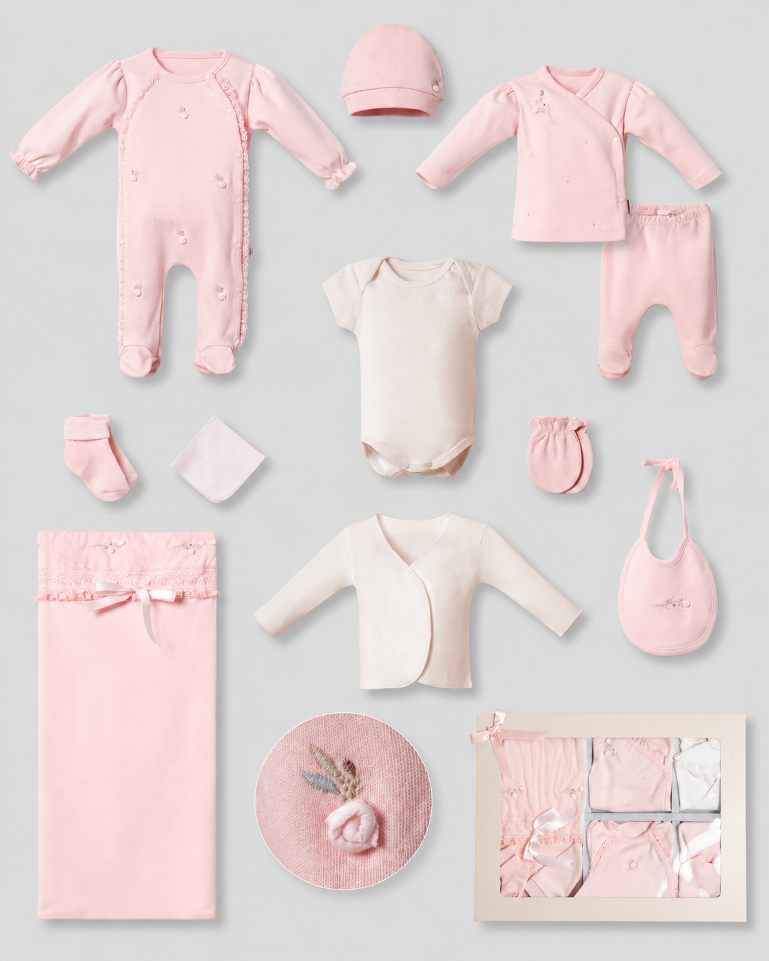 Pembe Dantelli 3 Boyutlu Rokoko Çiçek Nakışlı Kutulu 11'li Kız Bebek Hastane Çıkışı Seti