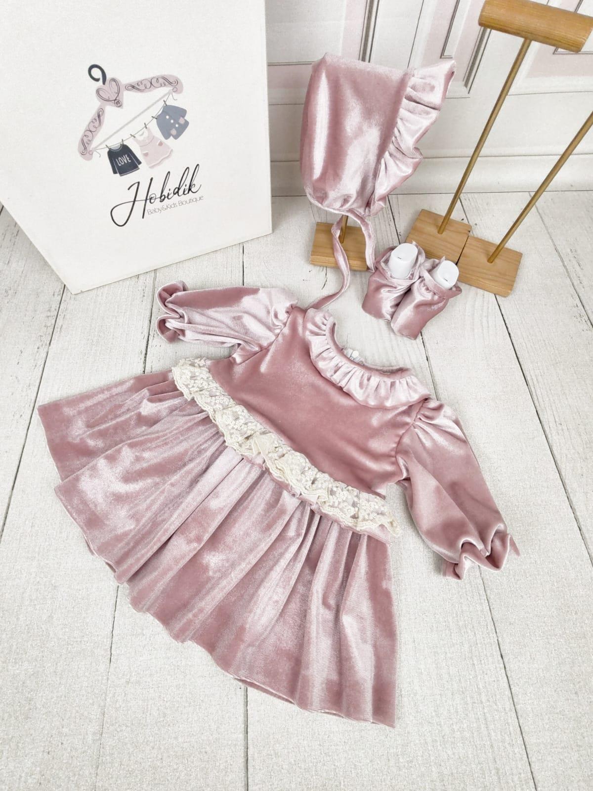 Pembe  Kadife Elbise Set