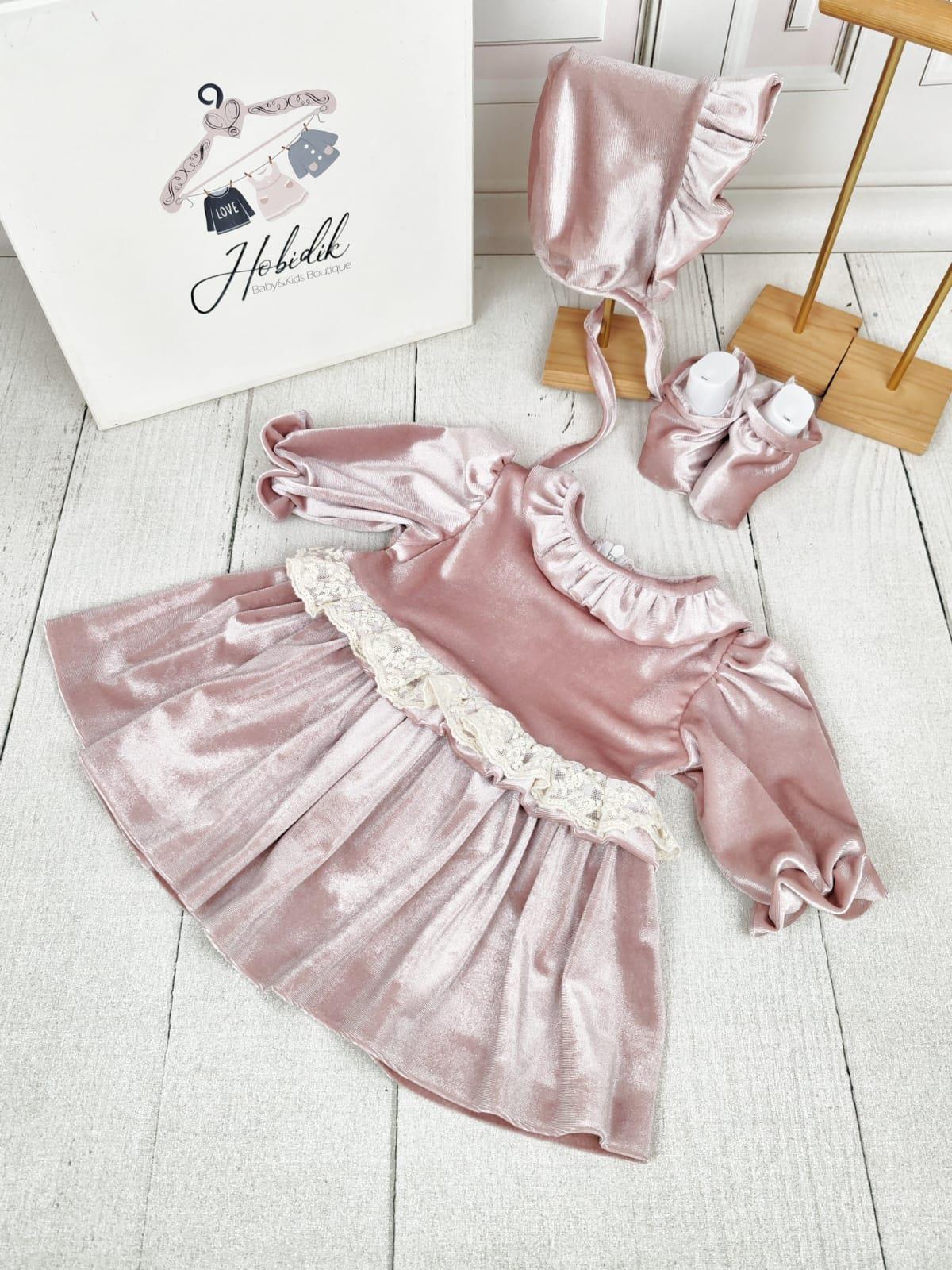 Pembe  Kadife Elbise Set