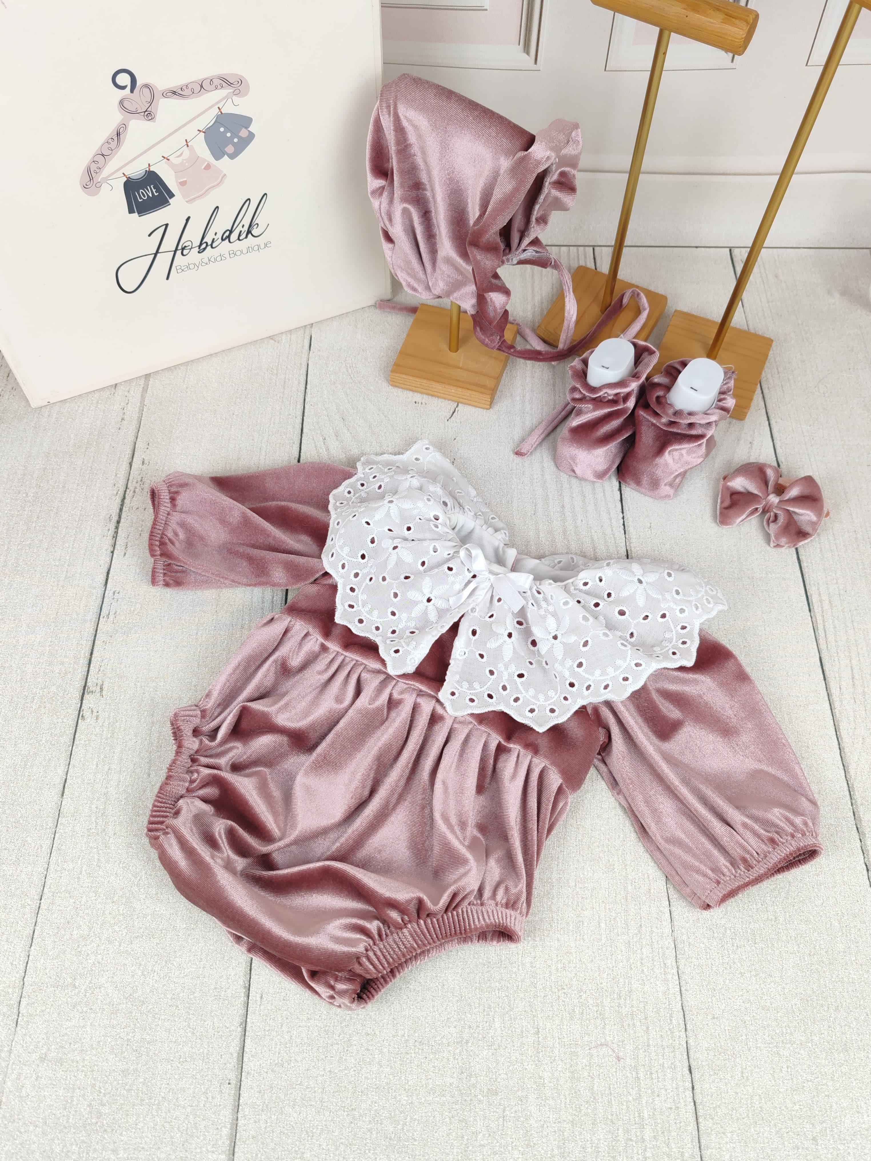 Pembe Kadife Romper Tulum Set
