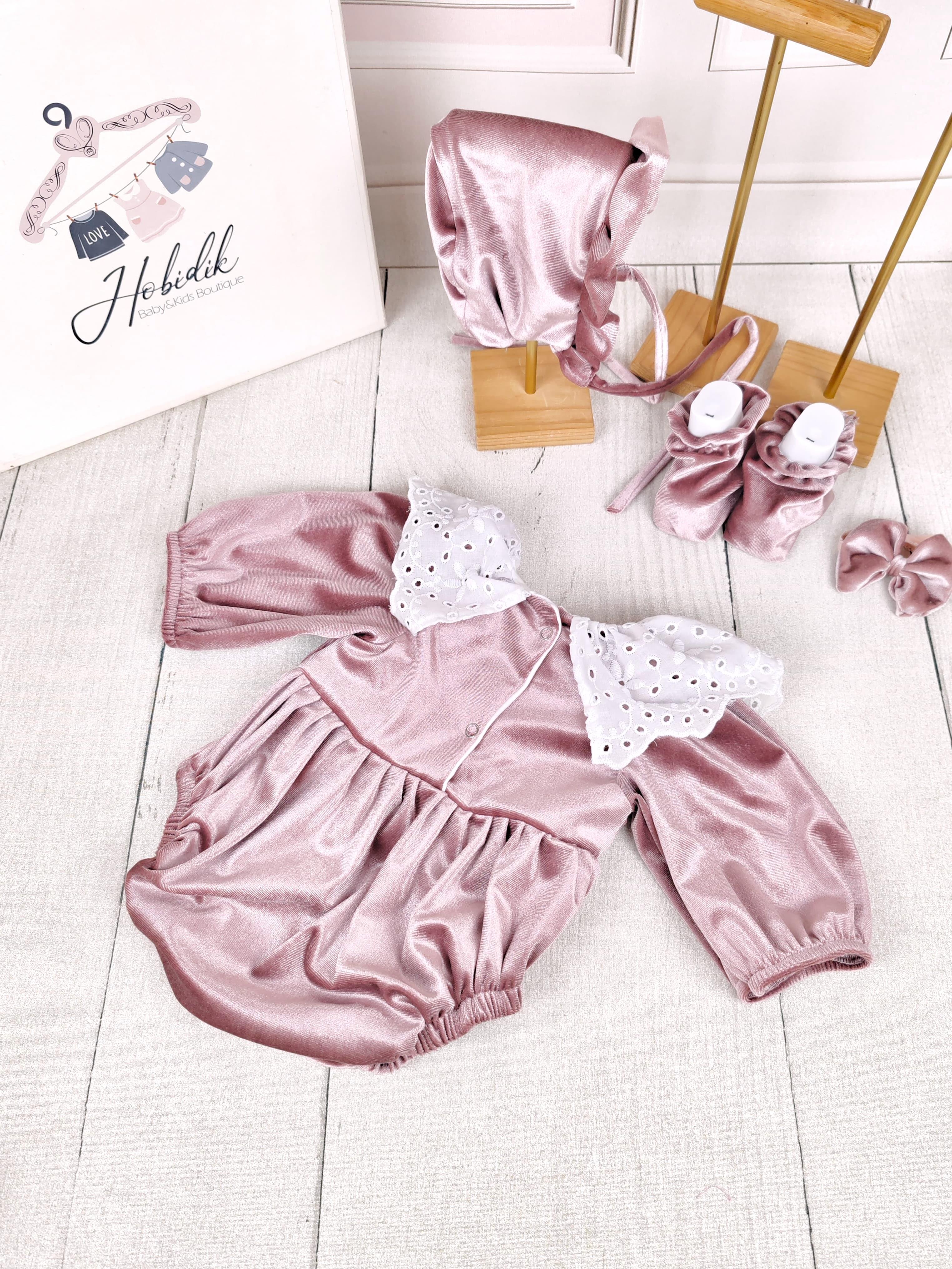 Pembe Kadife Romper Tulum Set