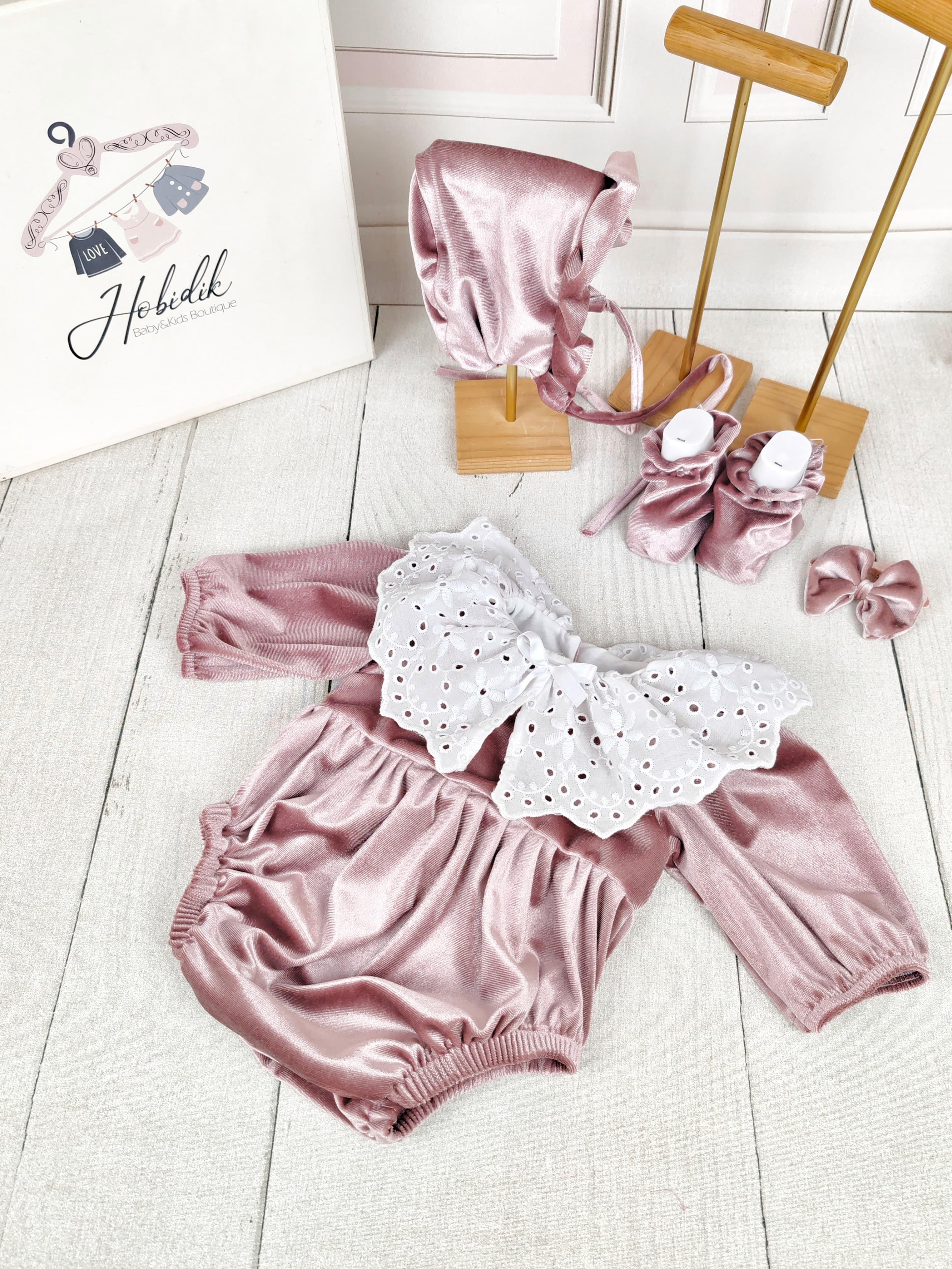 Pembe Kadife Romper Tulum Set