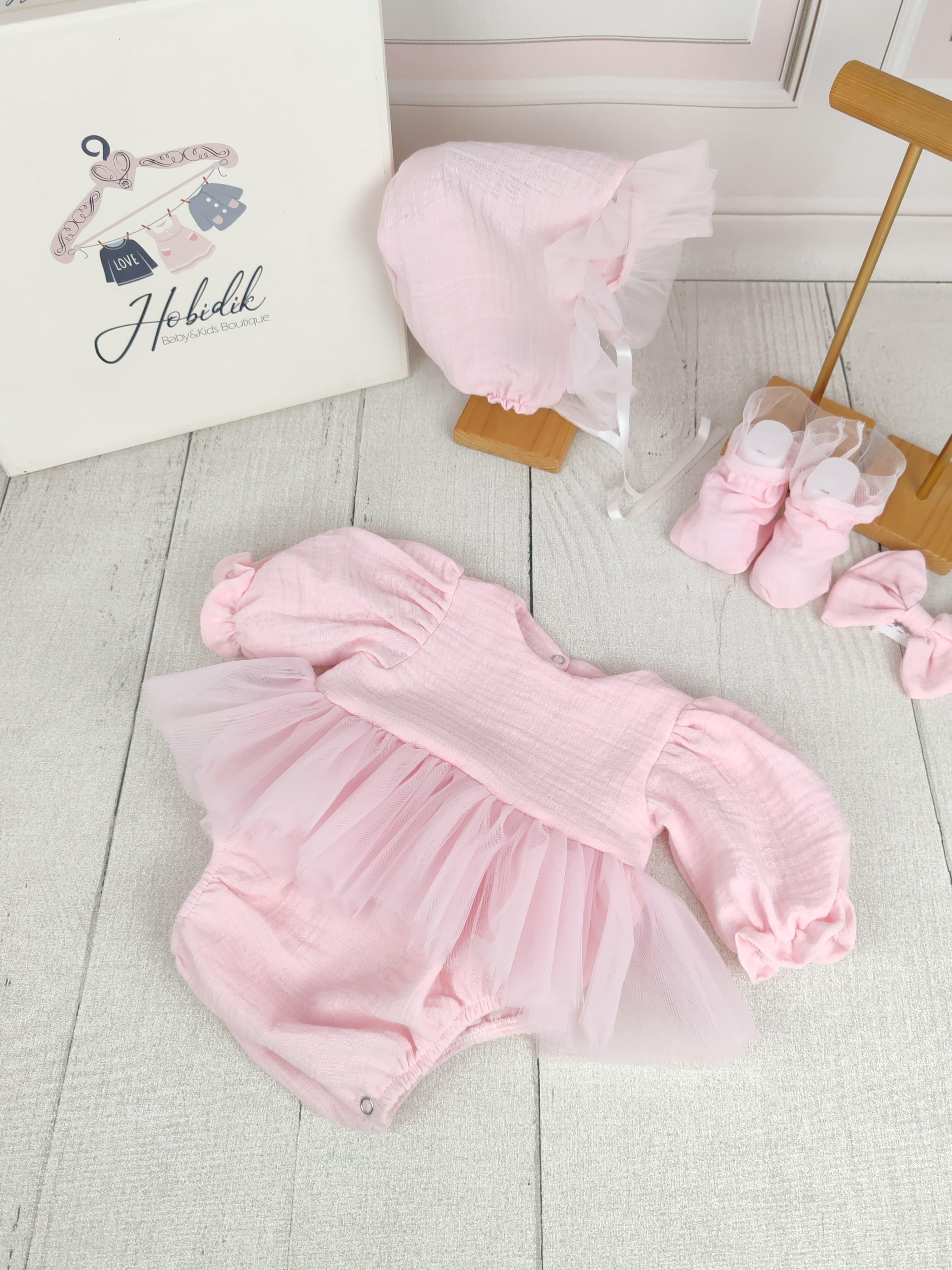 Pembe Müslin Tül Etek Görünümlü Romper Tulum