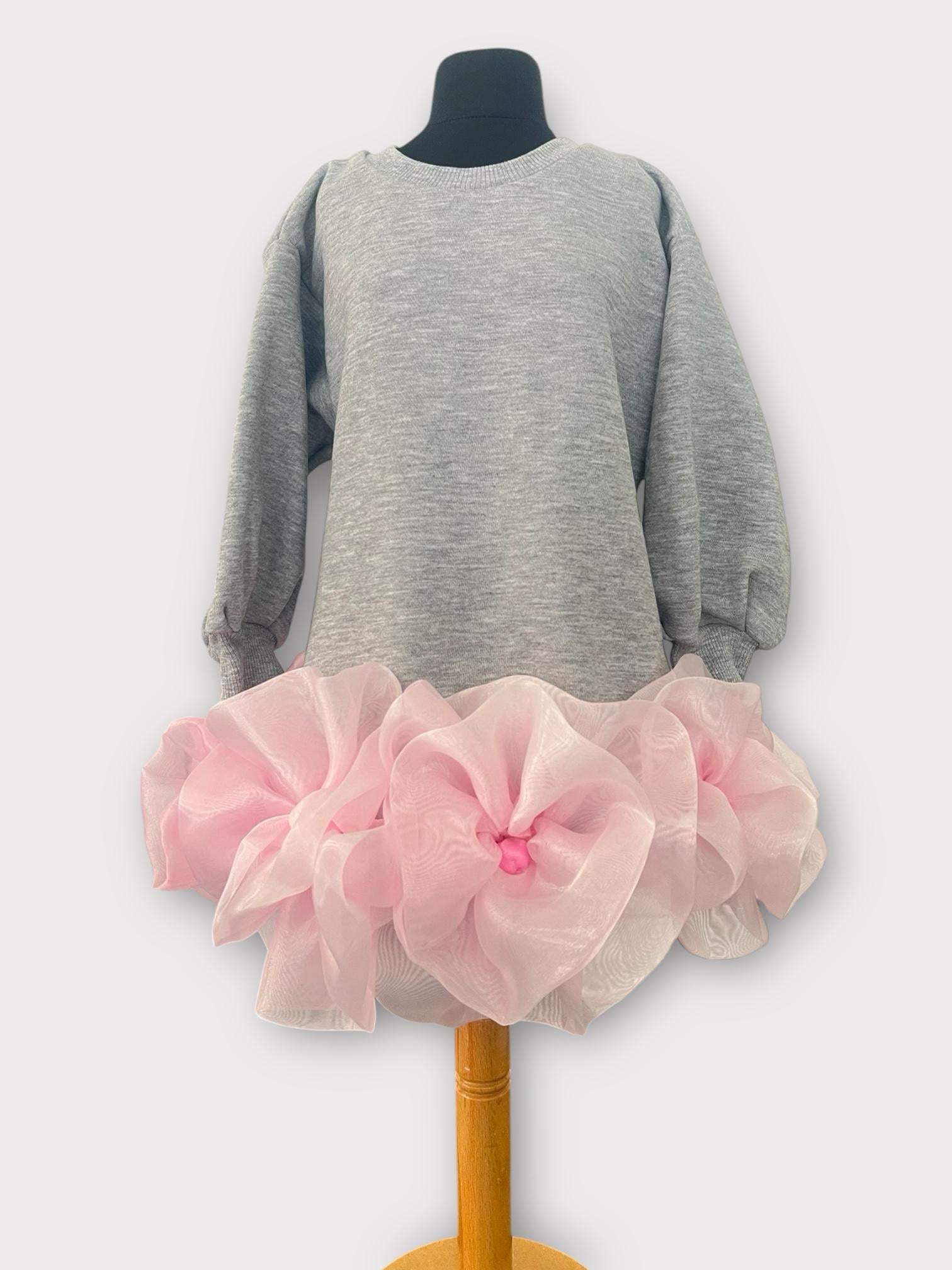 Pembe Organze Detay Gri Penye Elbise