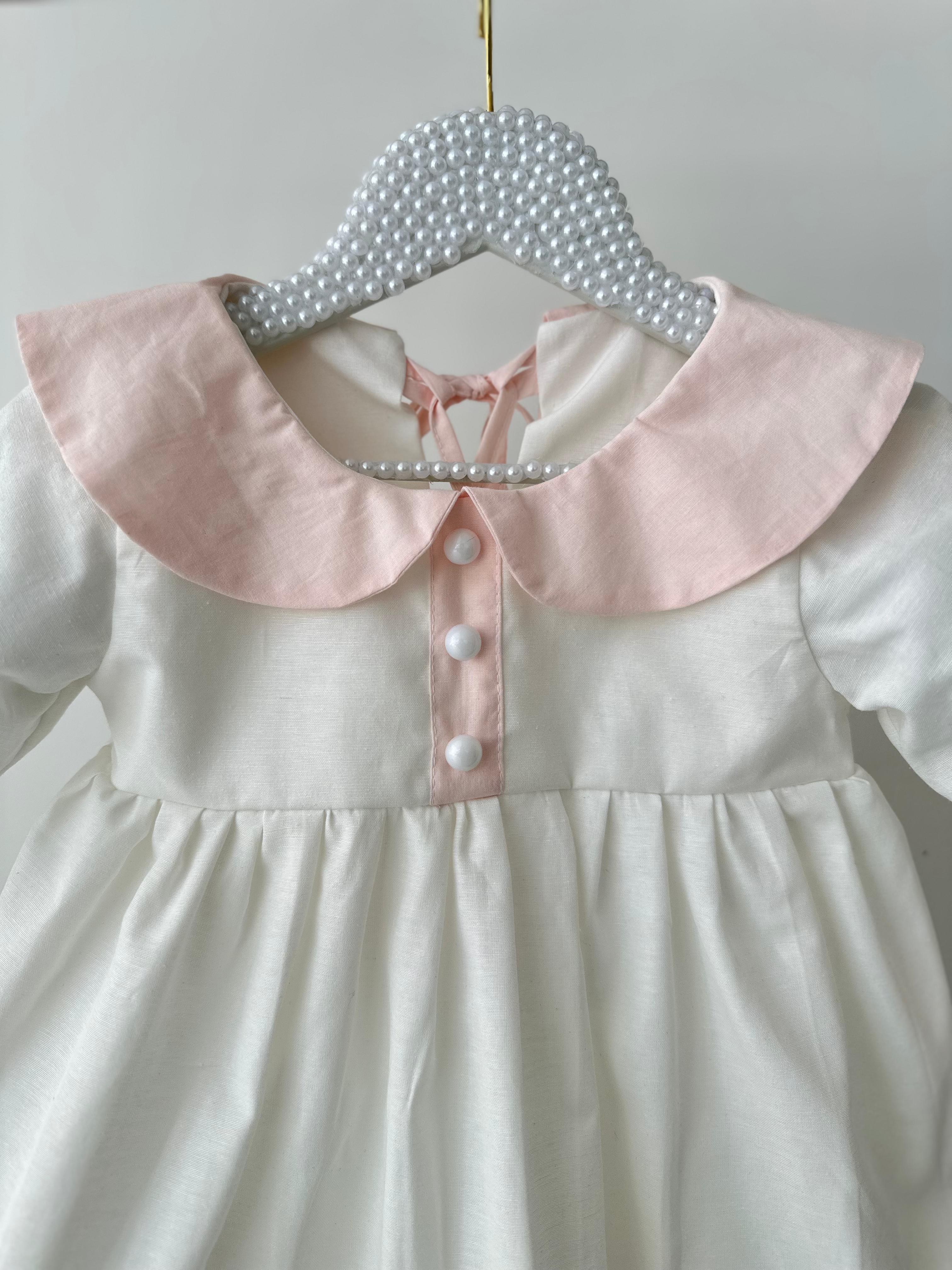 Pembe Poplin Detay Bağcıklı Keten Elbise
