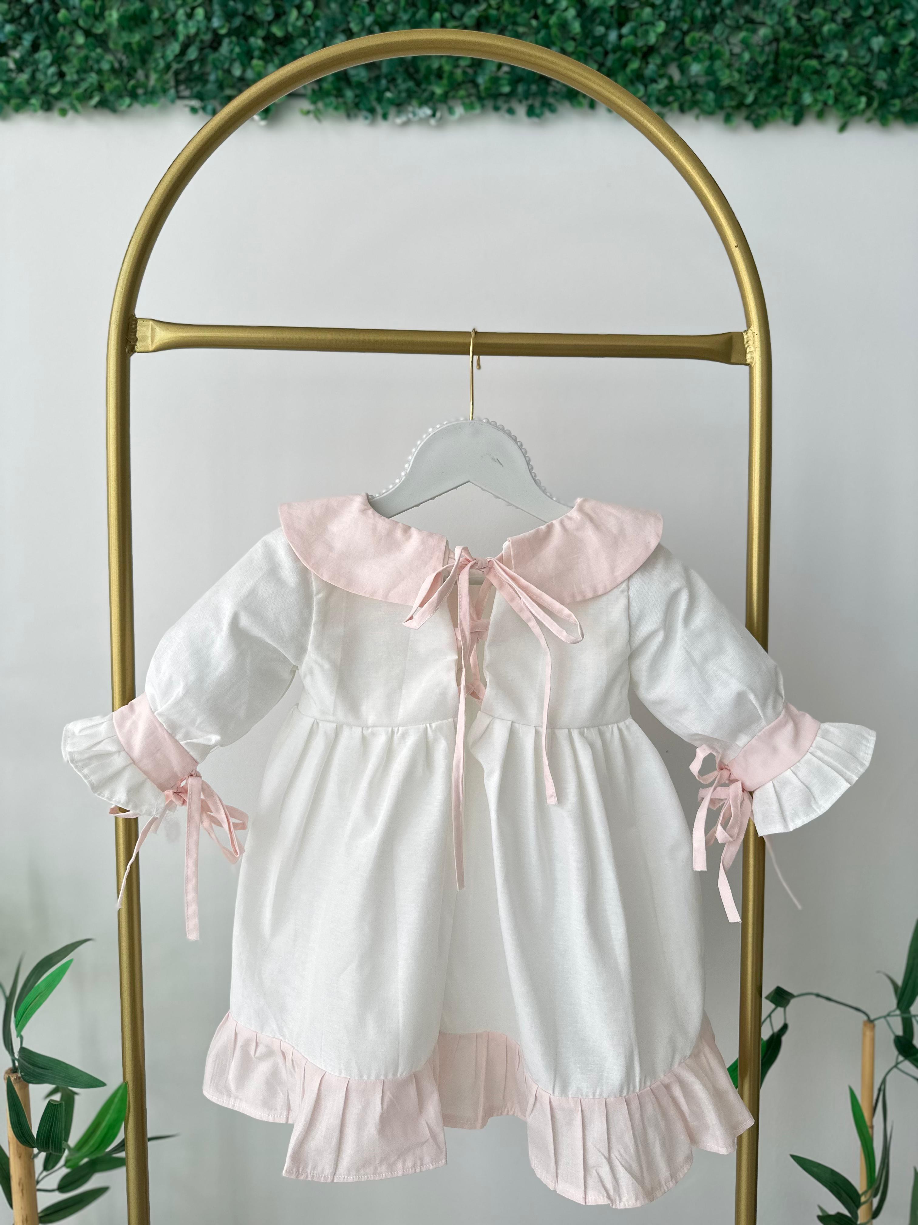 Pembe Poplin Detay Bağcıklı Keten Elbise
