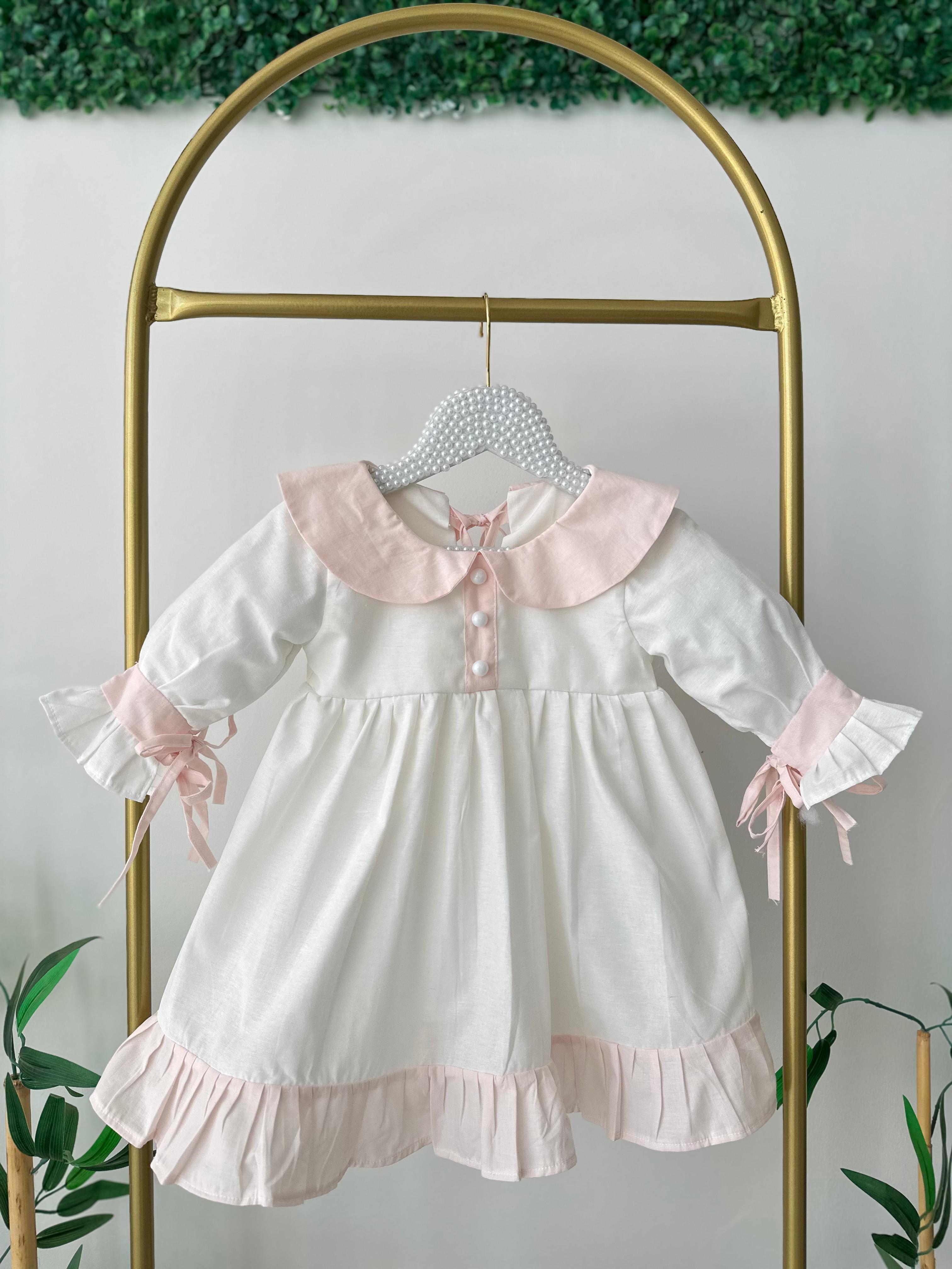 Pembe Poplin Detay Bağcıklı Keten Elbise