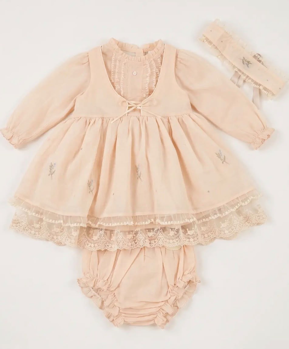 Pudra Pembe Çiçek Nakışlı Dantelli Vintage Kız Bebek Elbise Seti – 3 Parça | Hobidik Baby