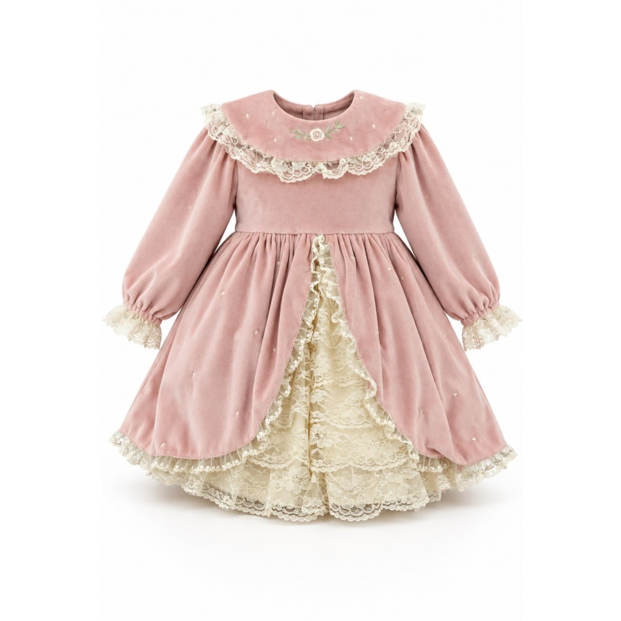 Pudra Pembe Kadife Çiçek Nakışlı Dantelli Kız Bebek Elbisesi – Vintage Özel Gün Elbisesi