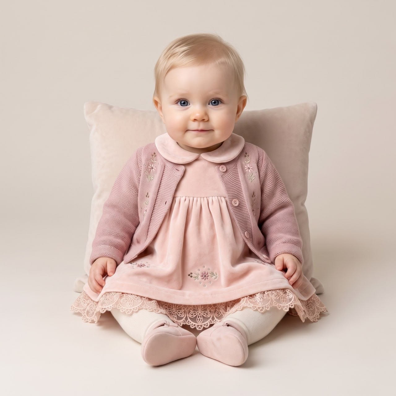 Pudra Pembe Vintage Kadife Kız Bebek Elbise 4'lü Set – Nakışlı Triko Hırkalı Dantelli Kutulu Takım