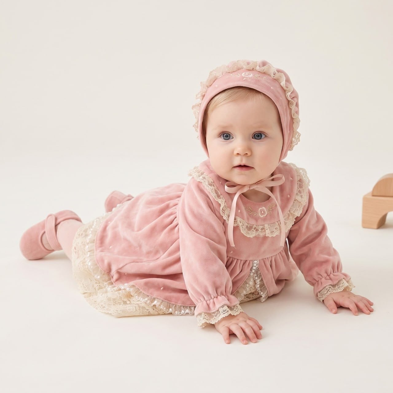 Pudra Pembe Vintage Kadife Kız Bebek Elbise 4'lü Set – Önü Açık Dantelli Nakışlı Kutulu Takım