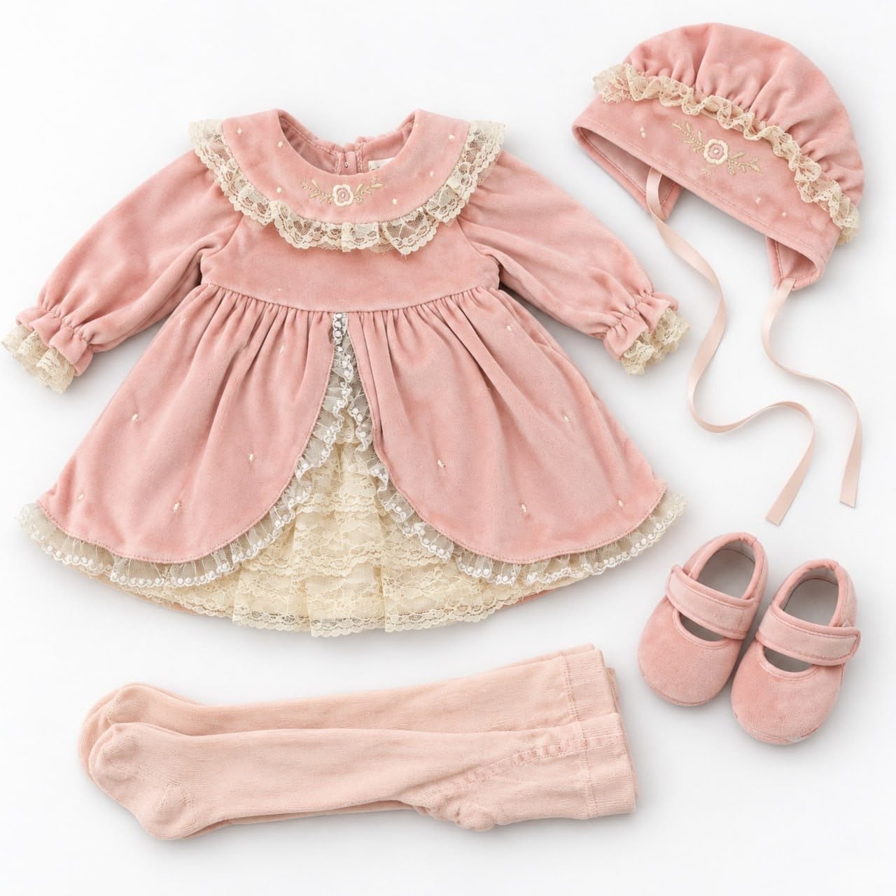 Pudra Pembe Vintage Kadife Kız Bebek Elbise 4'lü Set – Önü Açık Dantelli Nakışlı Kutulu Takım