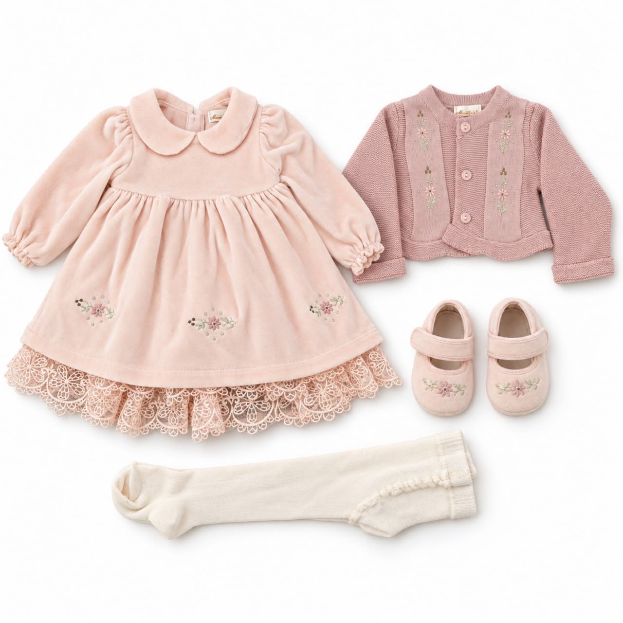 Pudra Pembe Vintage Kadife Kız Bebek Elbise 4'lü Set – Nakışlı Triko Hırkalı Dantelli Kutulu Takım