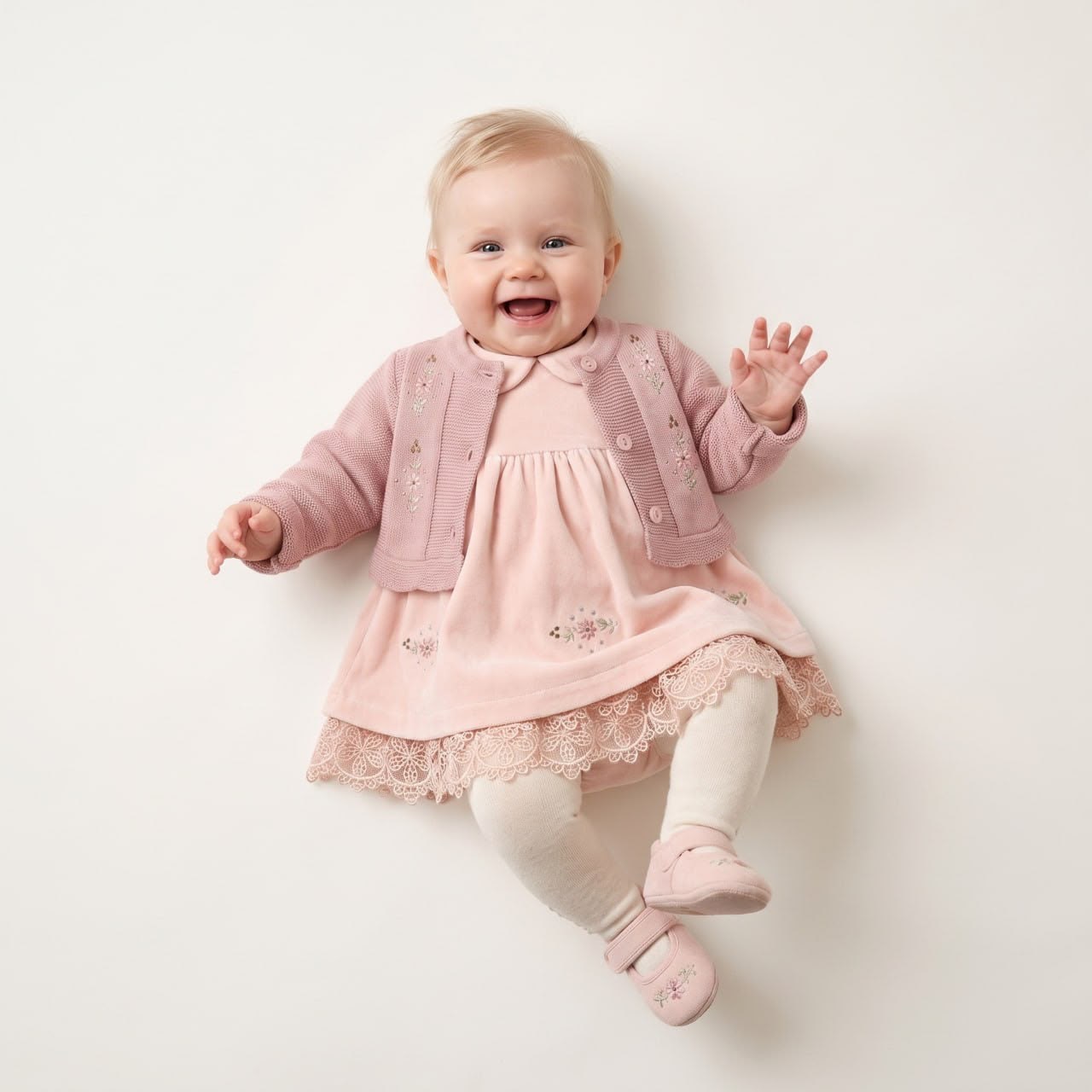 Pudra Pembe Vintage Kadife Kız Bebek Elbise 4'lü Set – Nakışlı Triko Hırkalı Dantelli Kutulu Takım