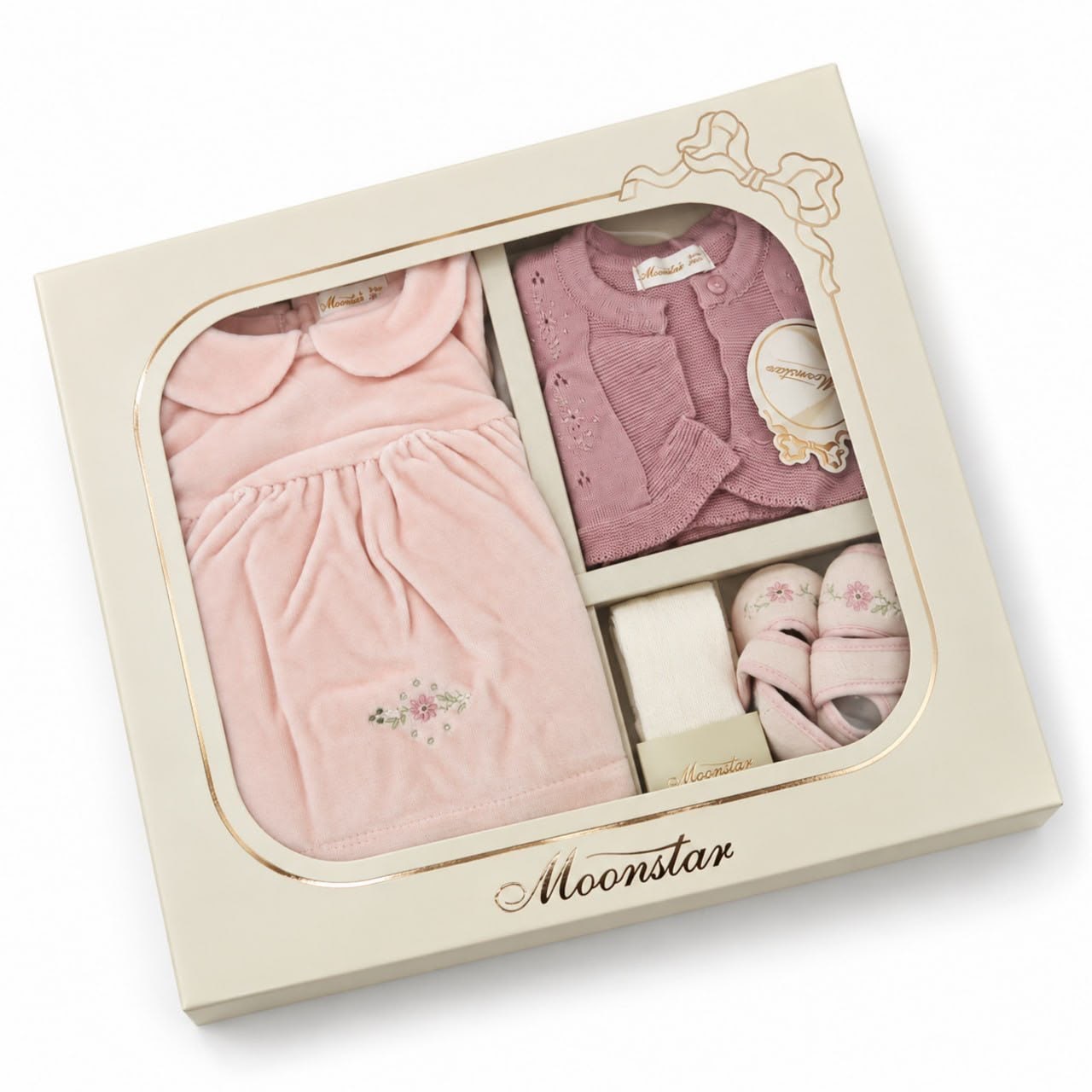 Pudra Pembe Vintage Kadife Kız Bebek Elbise 4'lü Set – Nakışlı Triko Hırkalı Dantelli Kutulu Takım