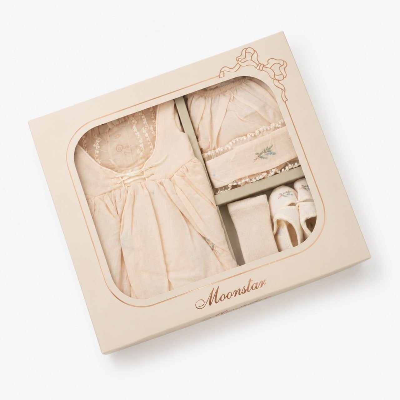 Pudra Somon Vintage Pamuk Kız Bebek Elbise 5'li Set – Nakışlı Dantelli Kutulu Takım