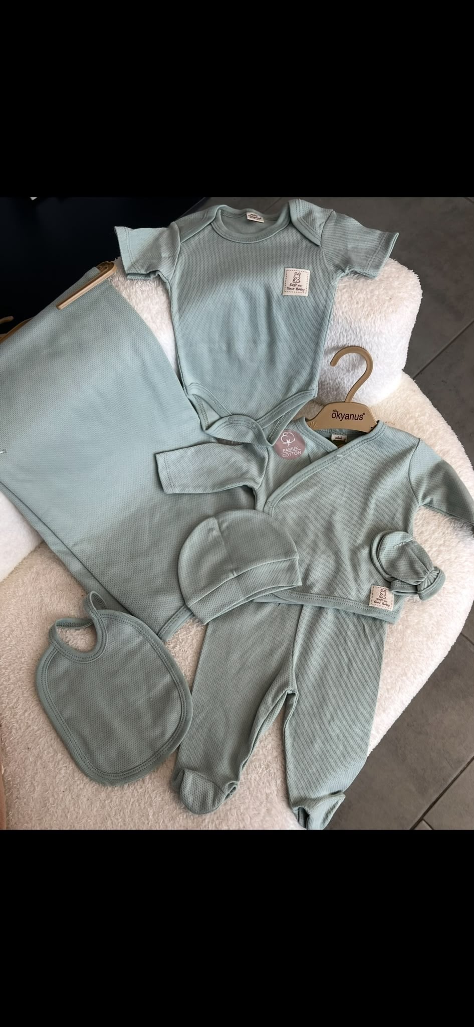 Su Yeşili Dokulu %100 Pamuk Unisex Bebek Hastane Çıkışı 7'li Set – Battaniyeli 