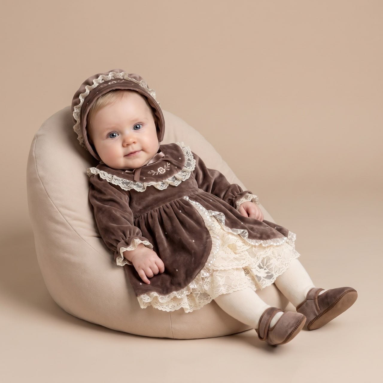 Sütlü Kahve Vintage Kadife Kız Bebek Elbise 4'lü Set – Önü Açık Dantelli Nakışlı Kutulu Takım