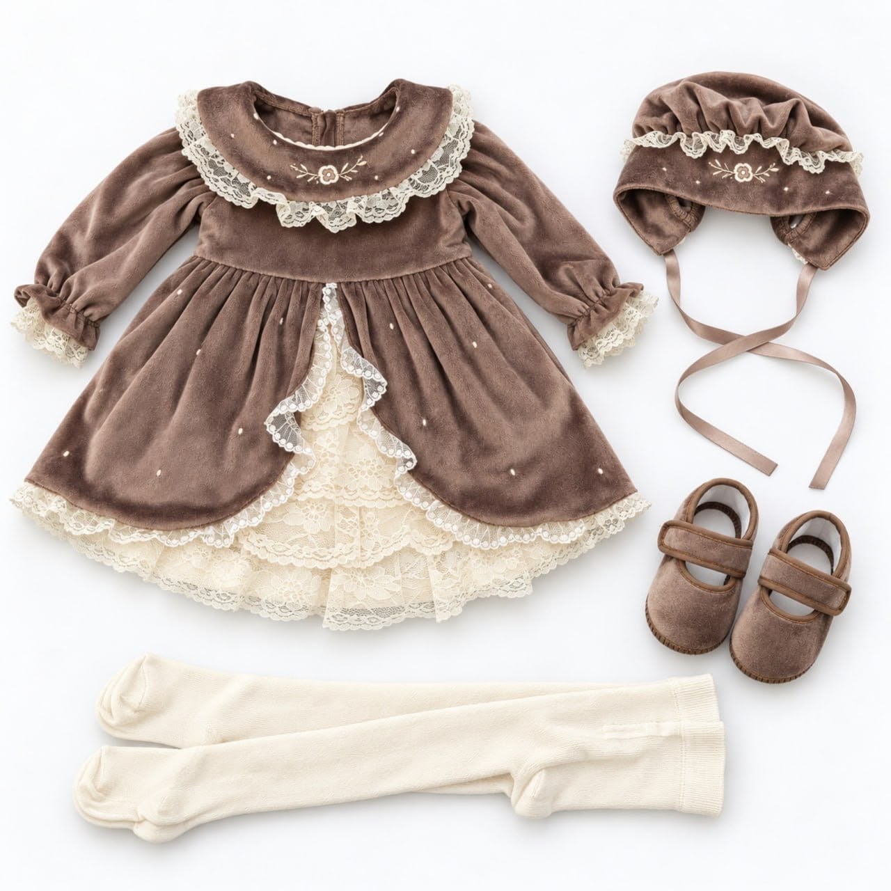 Sütlü Kahve Vintage Kadife Kız Bebek Elbise 4'lü Set – Önü Açık Dantelli Nakışlı Kutulu Takım