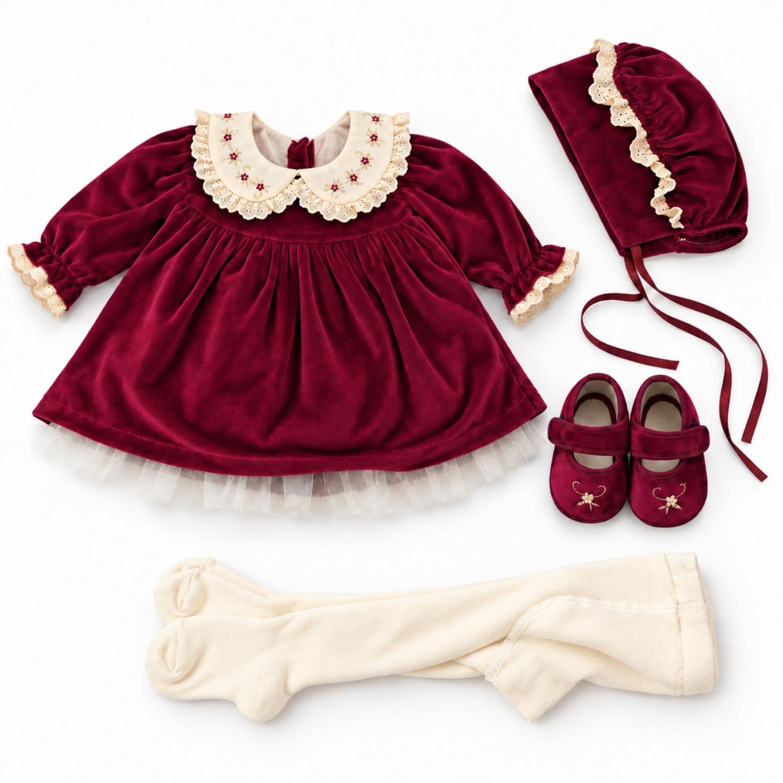 Vintage Bordo Kadife Çiçek Nakışlı Kız Bebek Elbise Seti – 4 Parça Dantelli Takım | Hobidik Baby