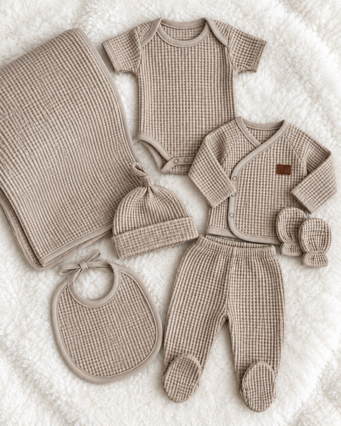 Vizon Waffle Dokulu %100 Pamuk Unisex Bebek Hastane Çıkışı 7'li Set – Battaniyeli
