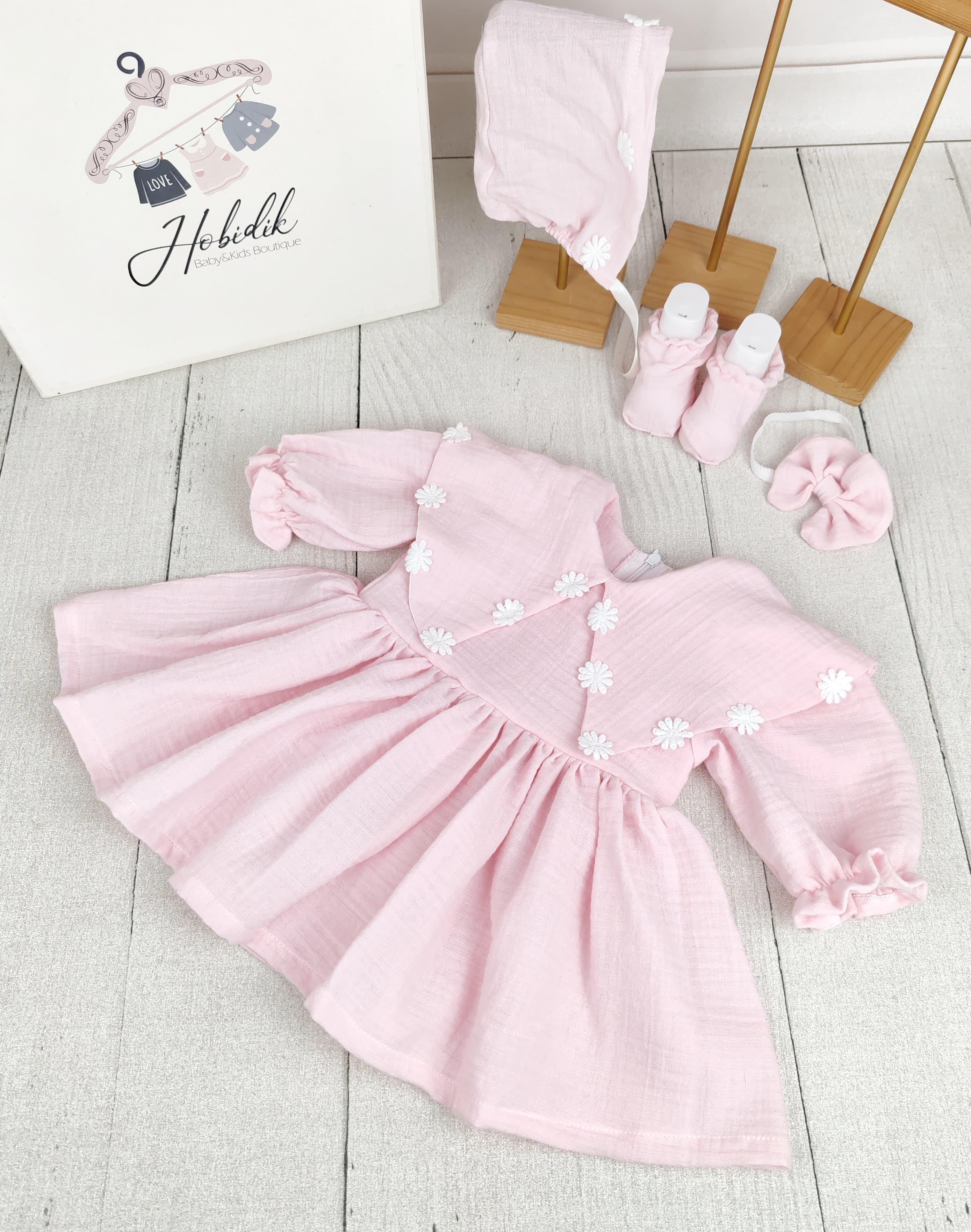 Yakalı Açık Pembe Çift Kat Müslin Elbise Set