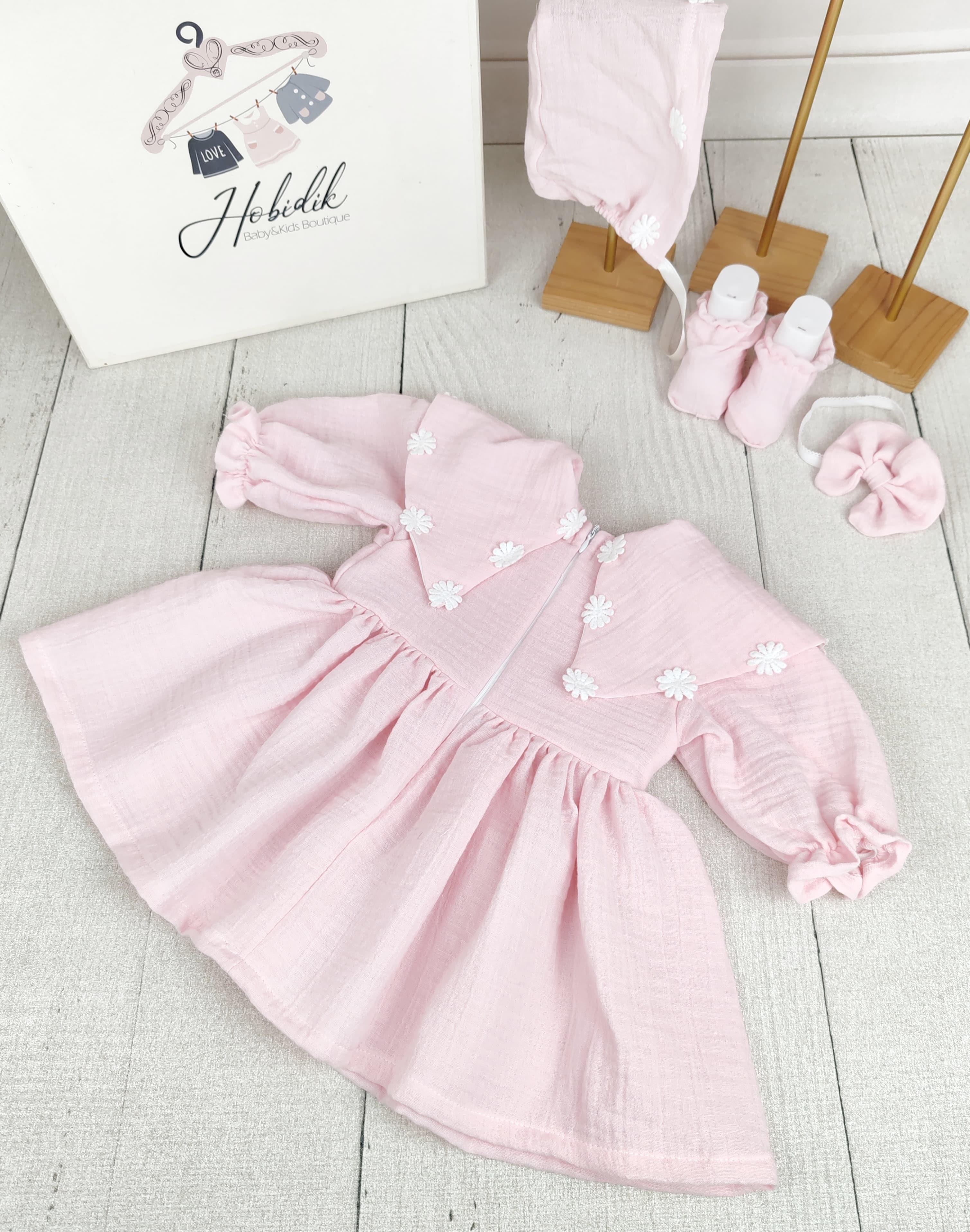 Yakalı Açık Pembe Çift Kat Müslin Elbise Set