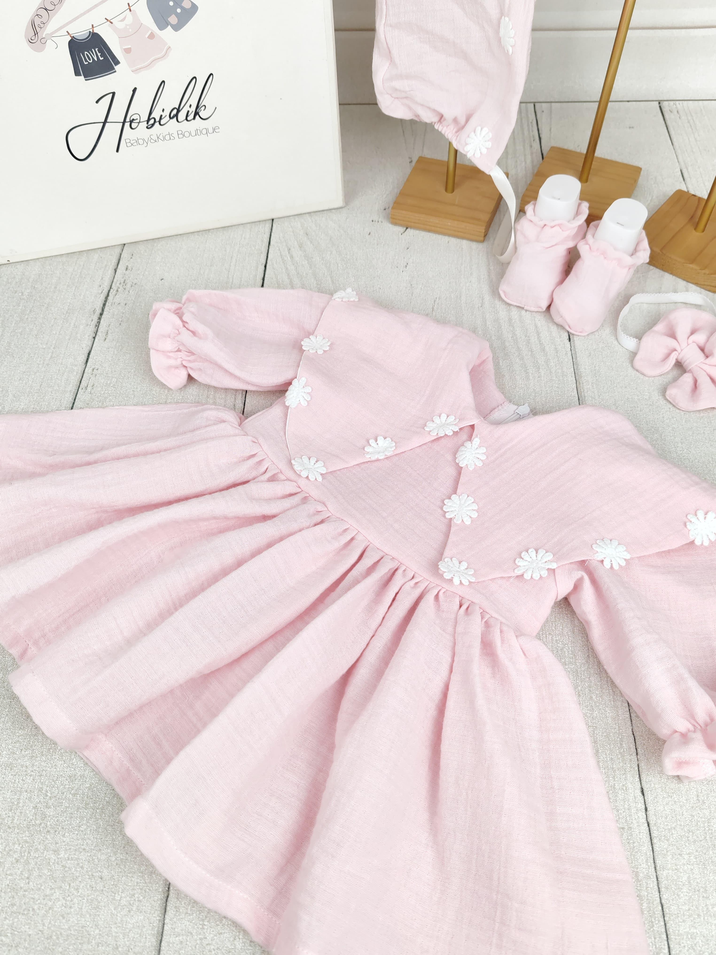 Yakalı Açık Pembe Çift Kat Müslin Elbise Set